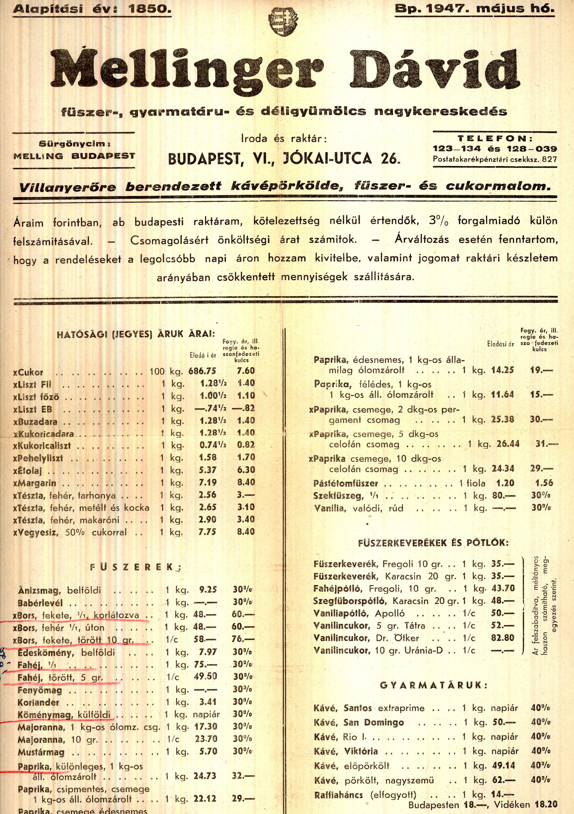 Mellinger Dávid árjegyzék (Magyar Kereskedelmi és Vendéglátóipari Múzeum CC BY-NC-SA)