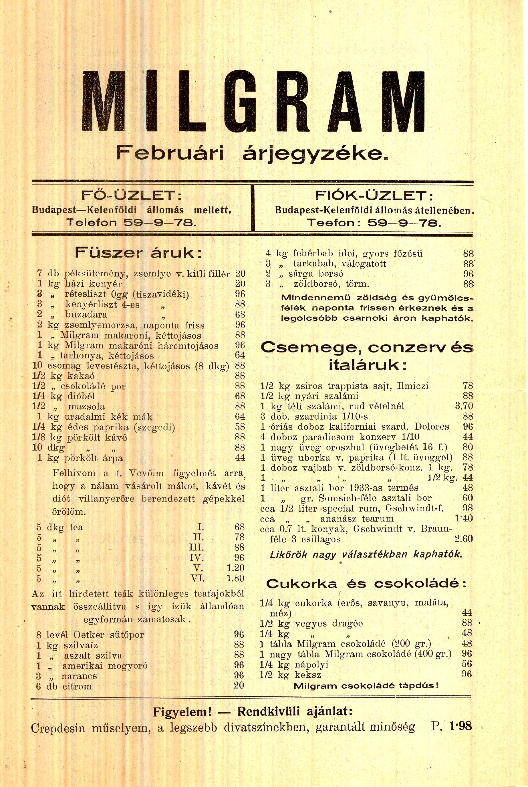 MILGRAM Februári árjegyzéke. (Magyar Kereskedelmi és Vendéglátóipari Múzeum CC BY-NC-SA)