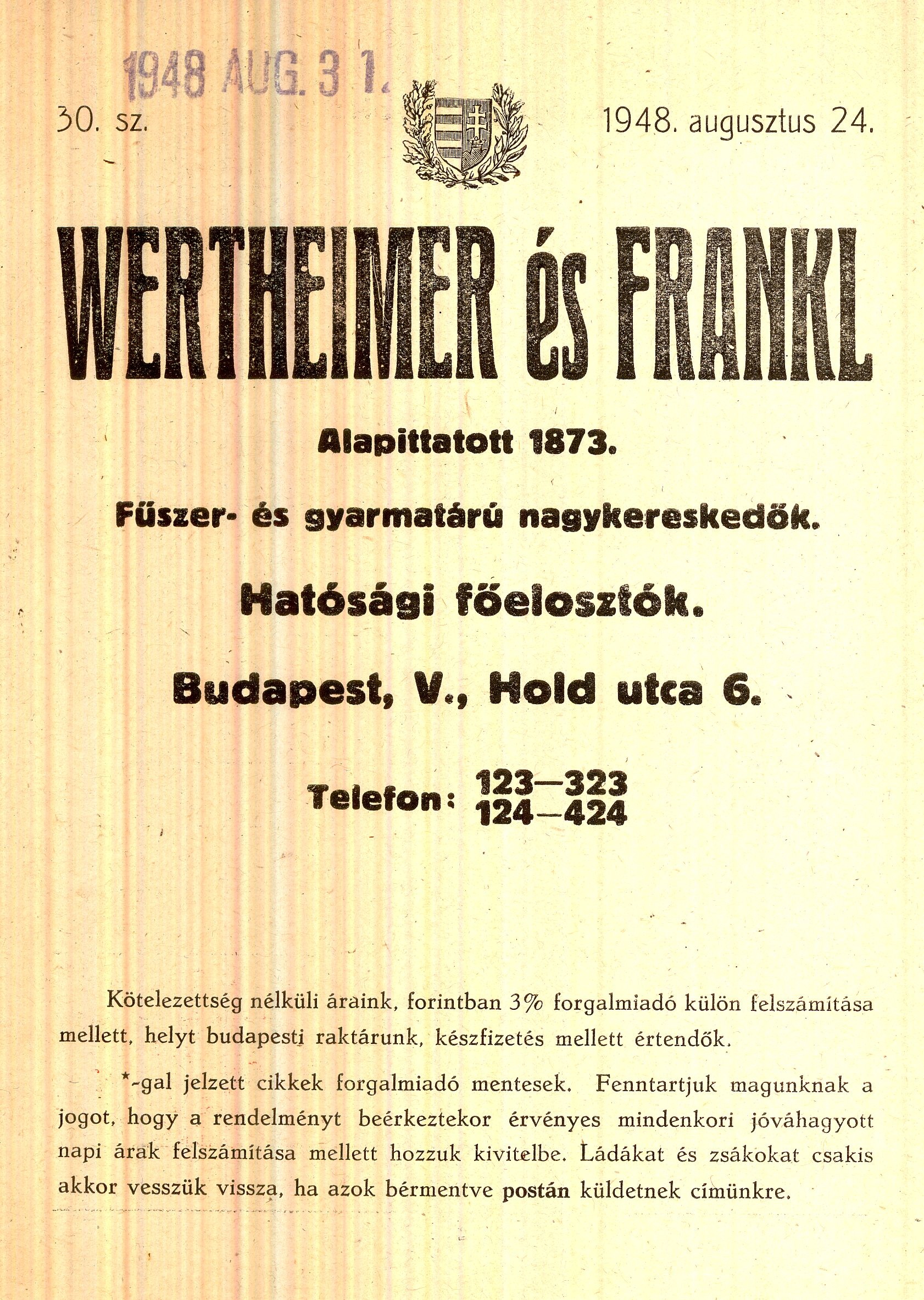 Wertheimer és Frankl árjegyzék (Magyar Kereskedelmi és Vendéglátóipari Múzeum CC BY-NC-SA)