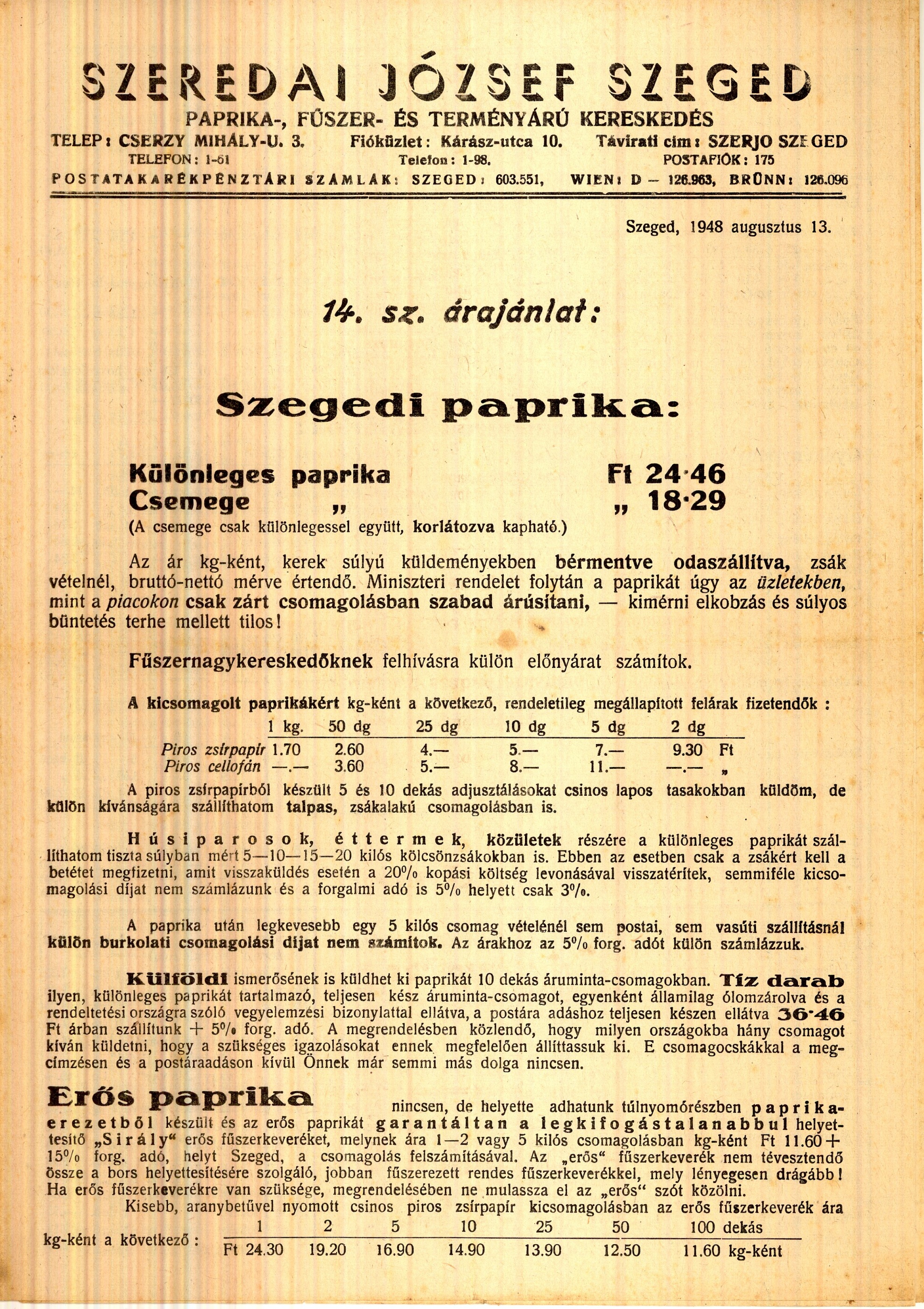 Szeredai József árjegyzék (Magyar Kereskedelmi és Vendéglátóipari Múzeum CC BY-NC-SA)