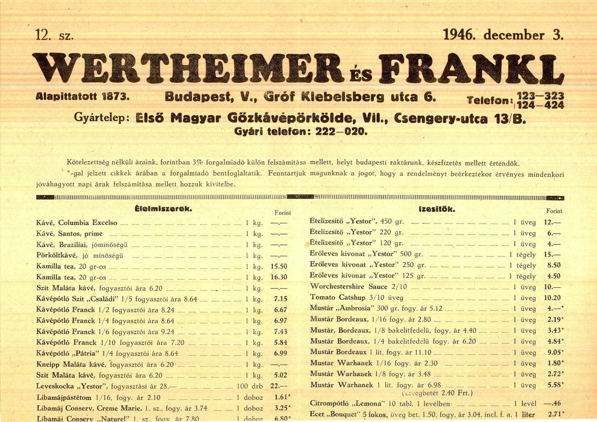 Wertheimer és Frankl árjegyzék (Magyar Kereskedelmi és Vendéglátóipari Múzeum CC BY-NC-SA)