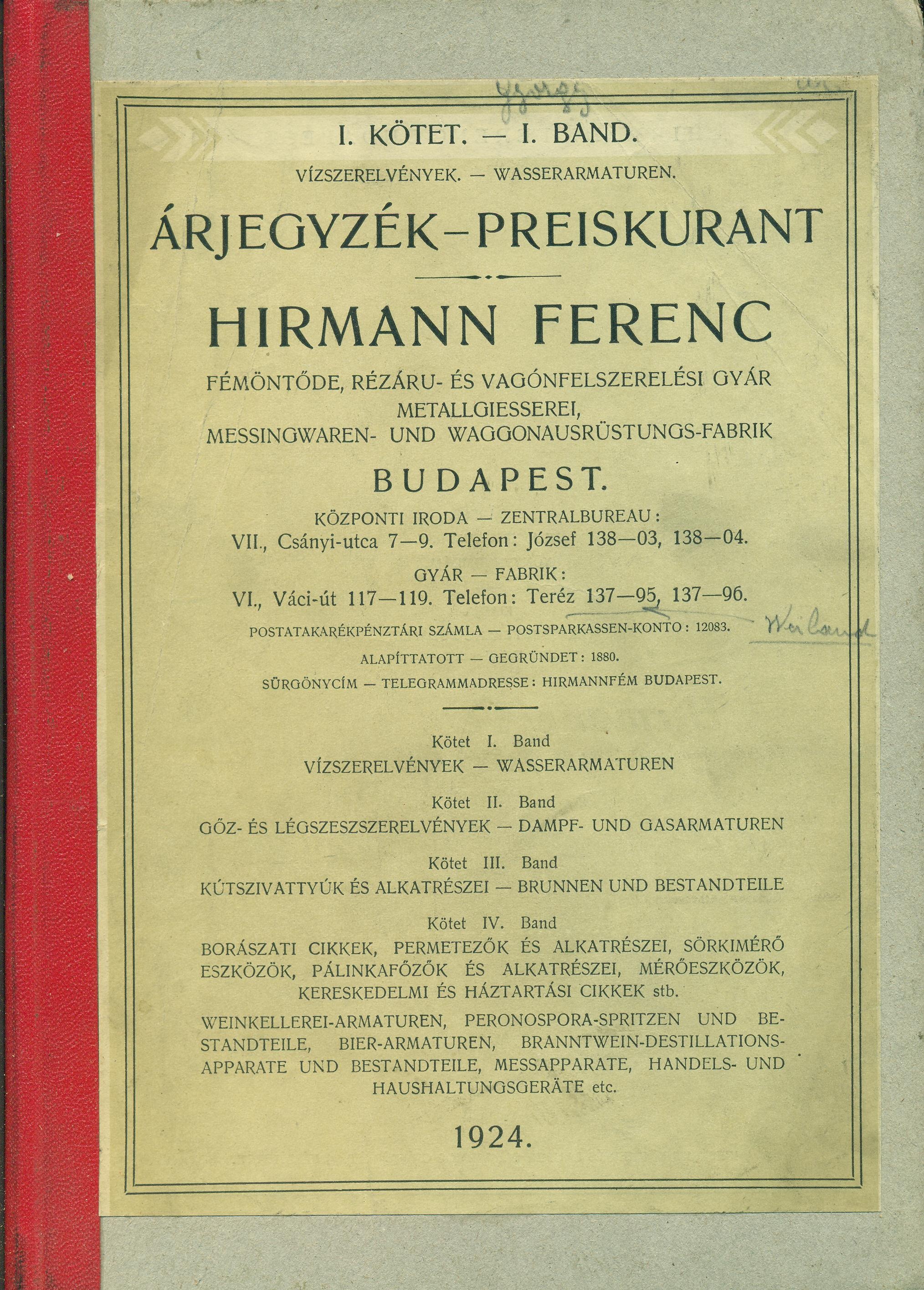 Árjegyzék. I. kötet. Vízszerelvények (Magyar Kereskedelmi és Vendéglátóipari Múzeum CC BY-NC-SA)