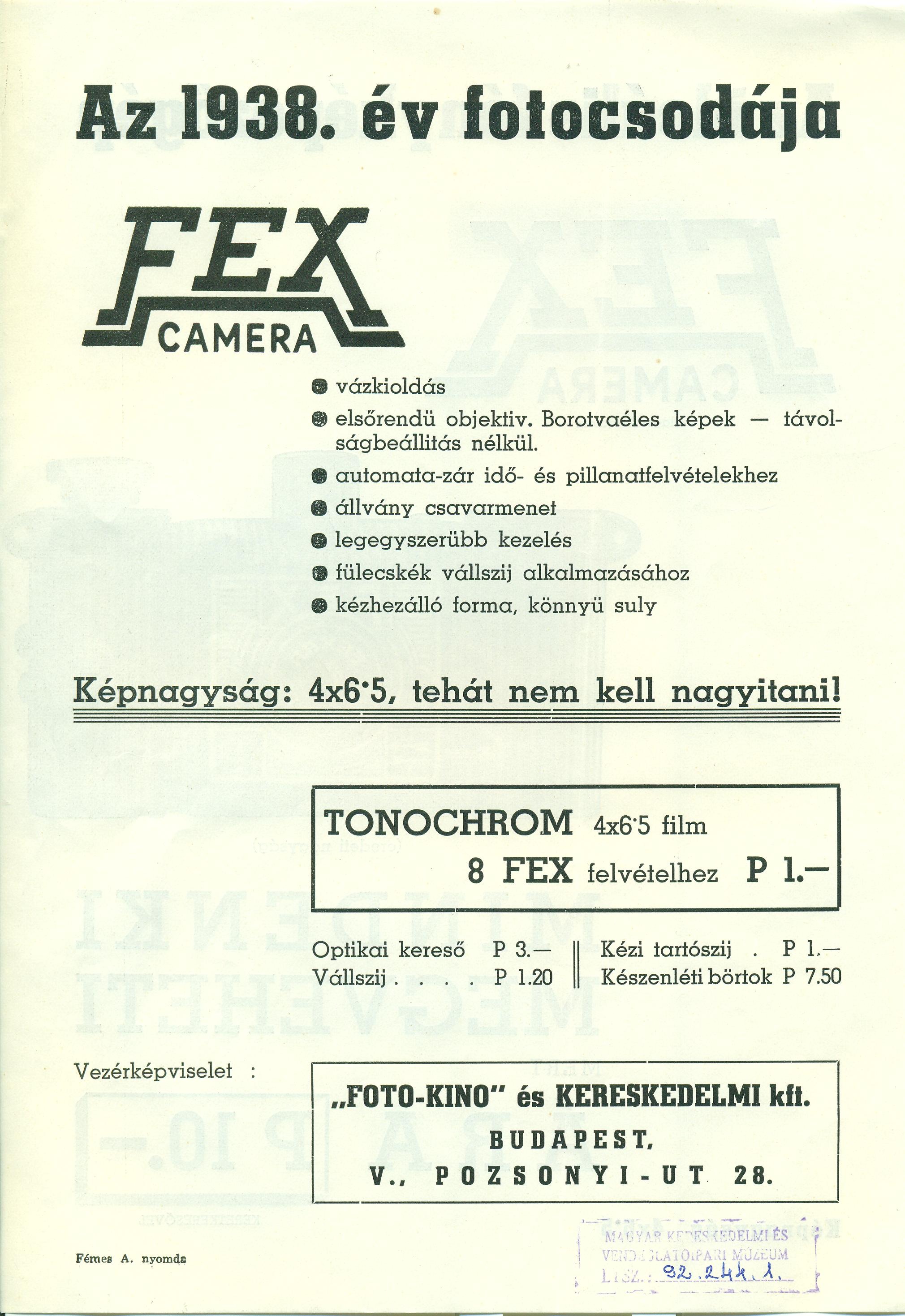 FEX CAMERA árjegyzék (Magyar Kereskedelmi és Vendéglátóipari Múzeum CC BY-NC-SA)