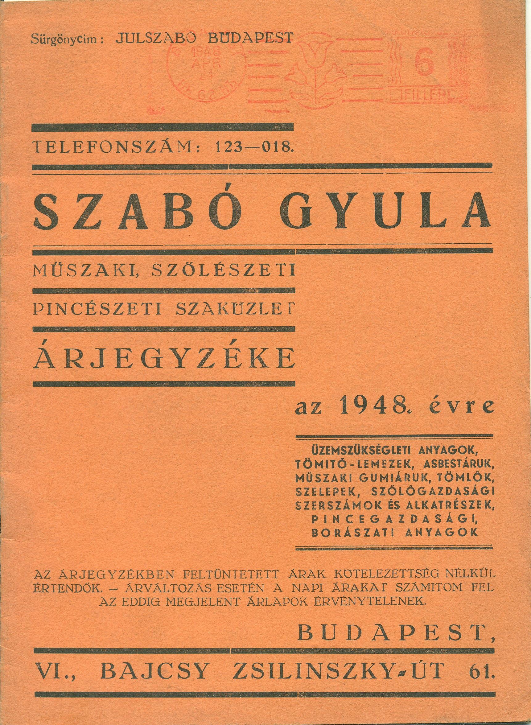 Árjegyzék az 1948. évre (Magyar Kereskedelmi és Vendéglátóipari Múzeum CC BY-NC-SA)