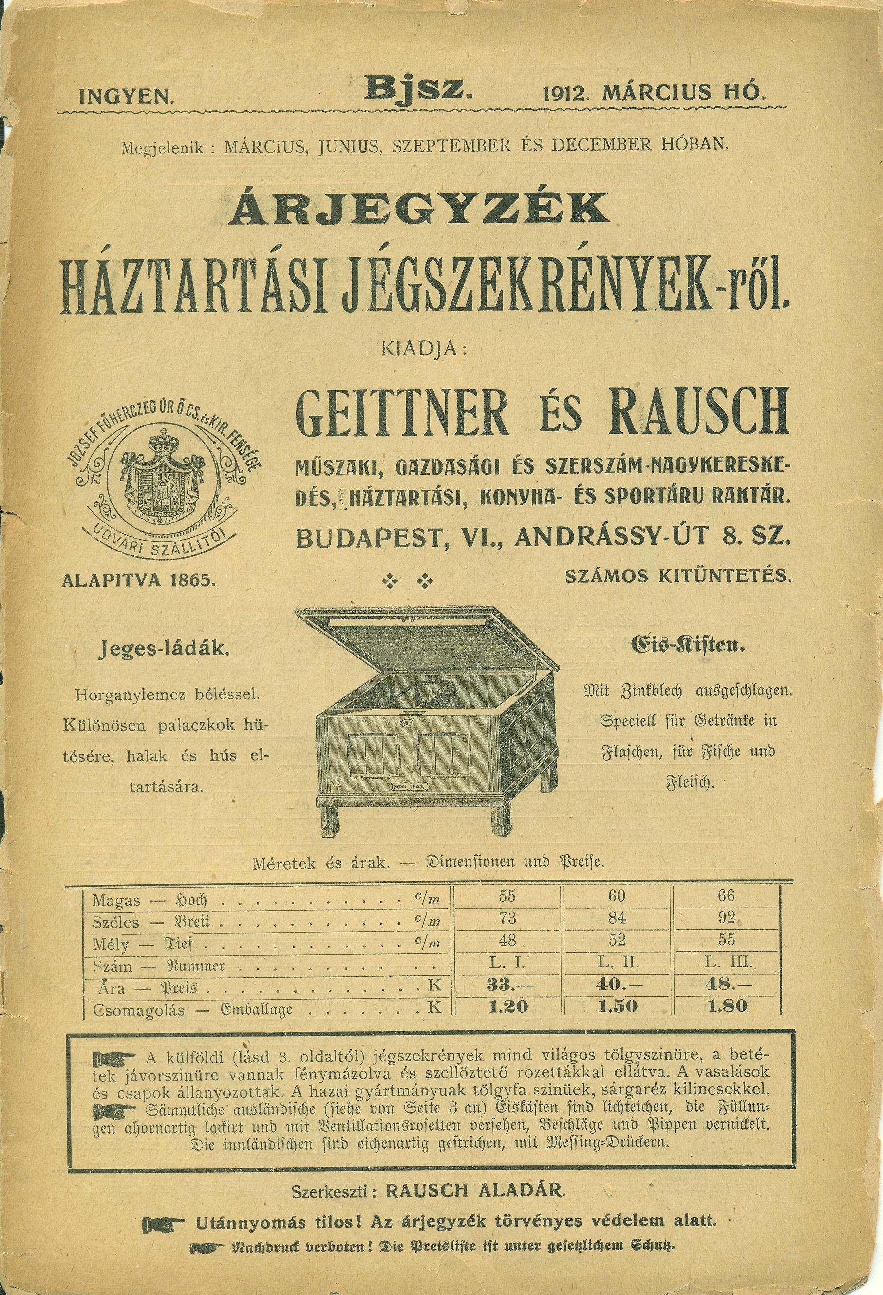 Árjegyzék háztartási jégszekrények-ről (Magyar Kereskedelmi és Vendéglátóipari Múzeum CC BY-NC-SA)