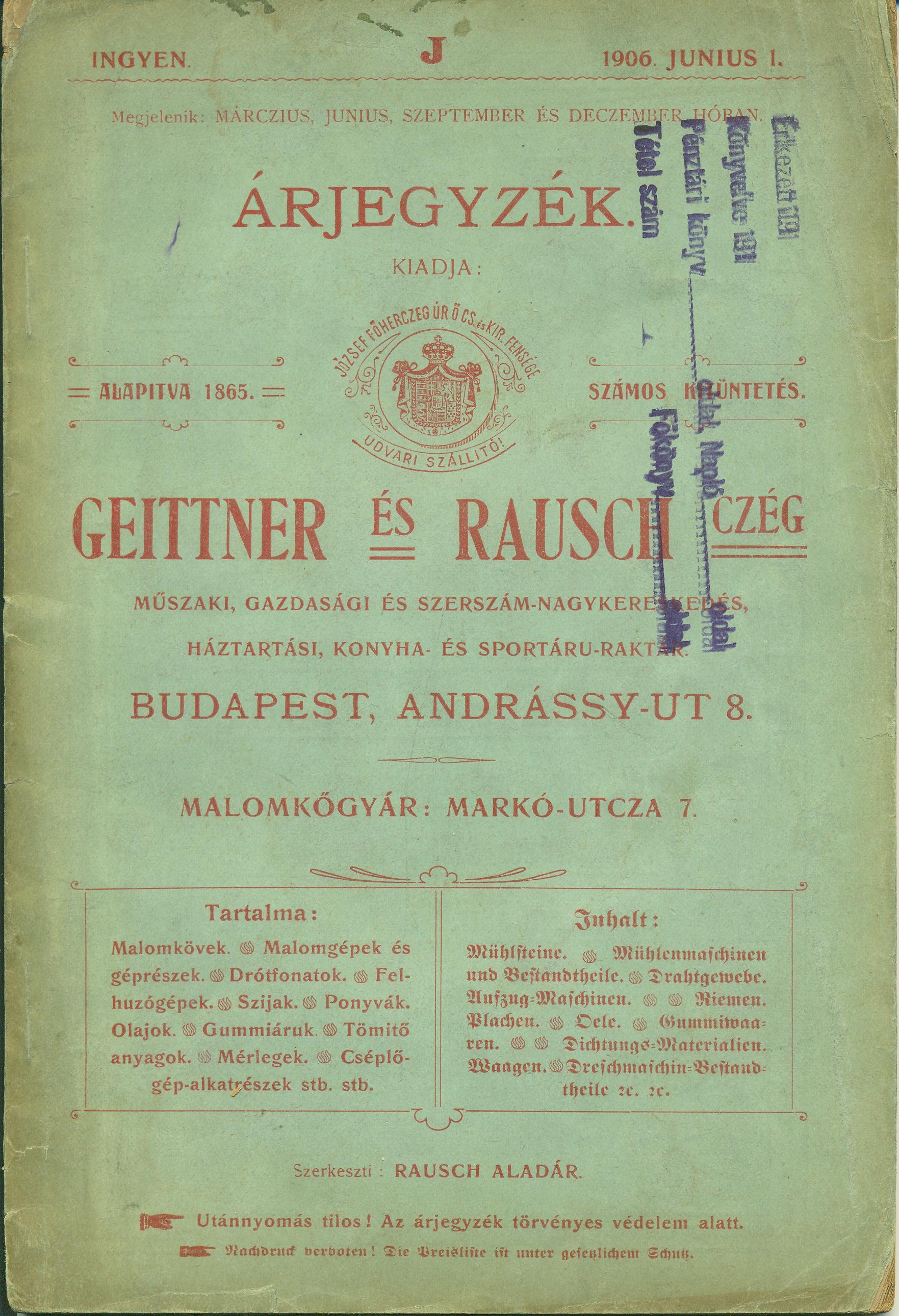 Geittner és Rausch árjegyzék (Magyar Kereskedelmi és Vendéglátóipari Múzeum CC BY-NC-SA)