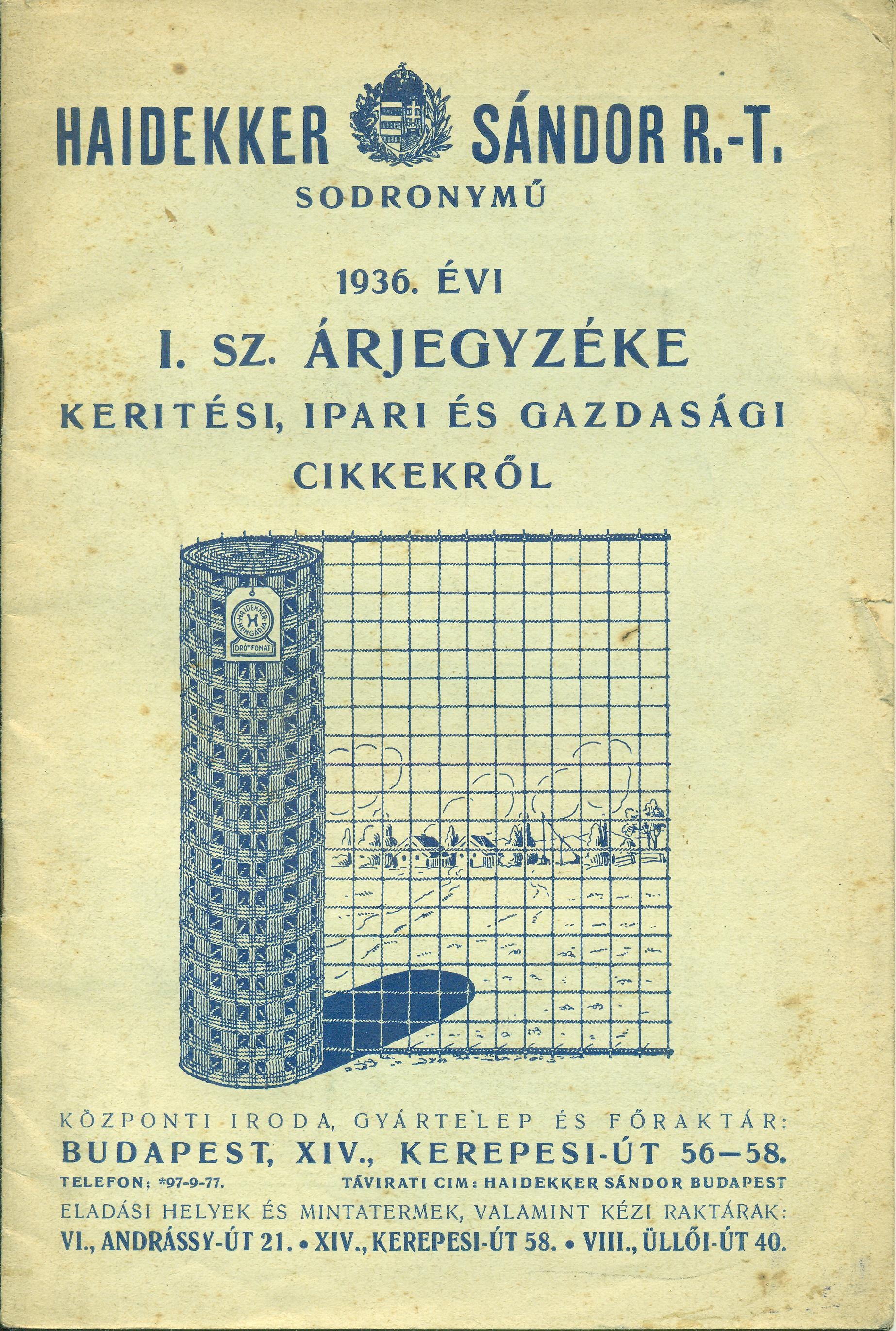 [I. sz. árjegyzék keritési, ipari és gazdasági cikkekről] (Magyar Kereskedelmi és Vendéglátóipari Múzeum CC BY-NC-SA)