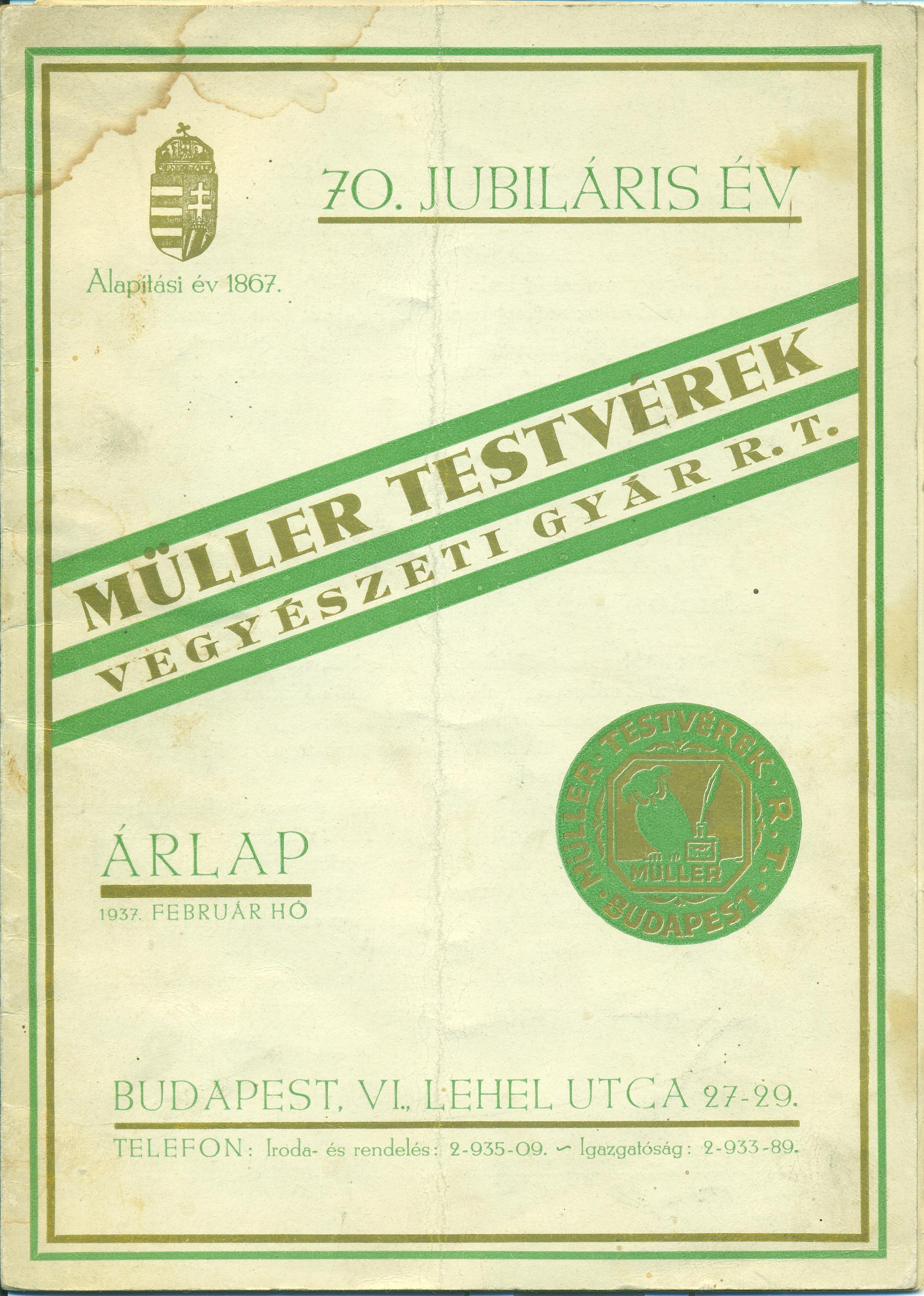 Müller Testvérek Vegyészeti Gyár Rt. Árlapja (Magyar Kereskedelmi és Vendéglátóipari Múzeum CC BY-NC-SA)