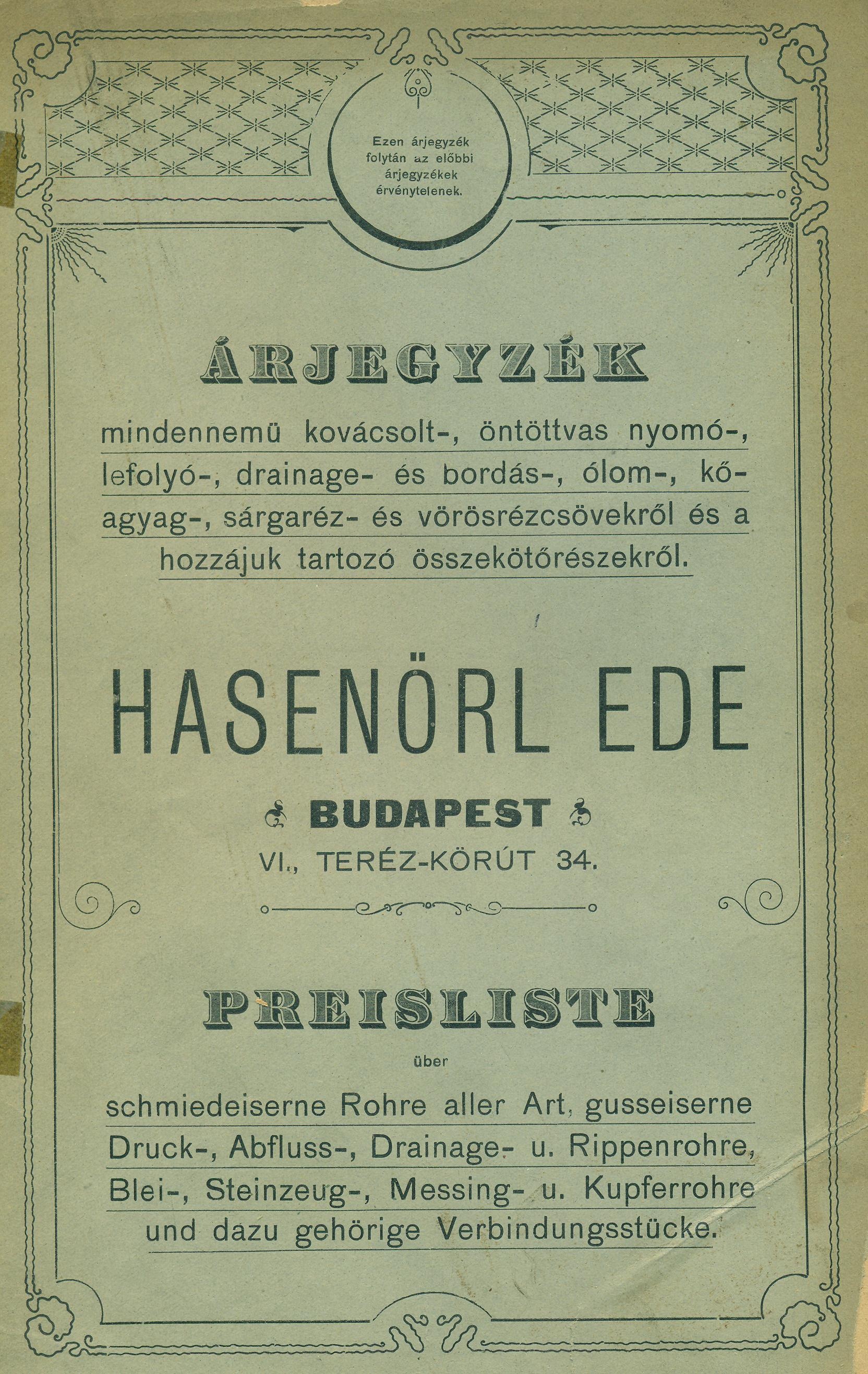Hasenörl Ede árjegyzék (Magyar Kereskedelmi és Vendéglátóipari Múzeum CC BY-NC-SA)
