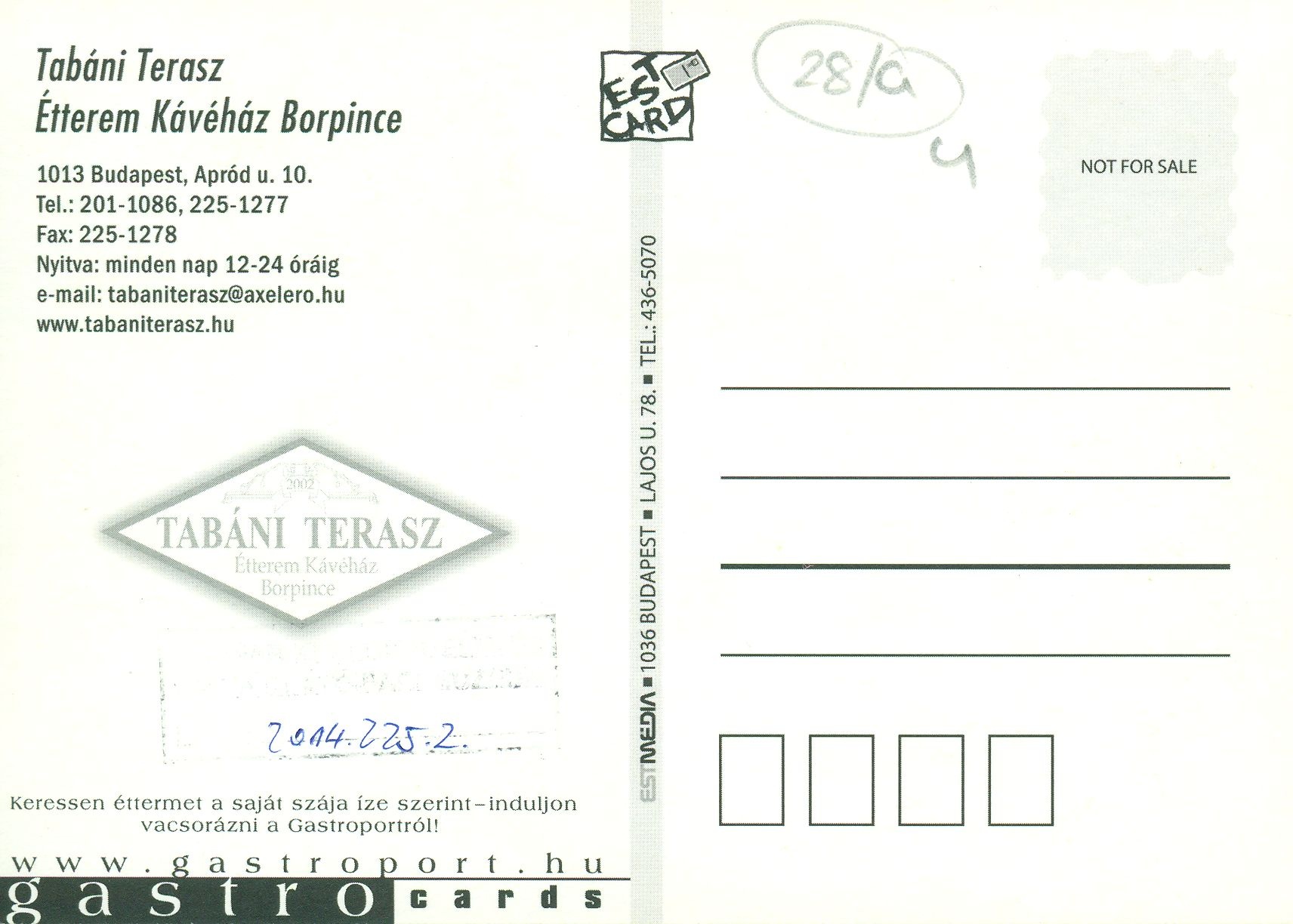 Tabáni Terasz Étterem Kávéház Borpince -reklám képeslap, Budapest, 2000-es évek (Magyar Kereskedelmi és Vendéglátóipari Múzeum CC BY-NC-SA)