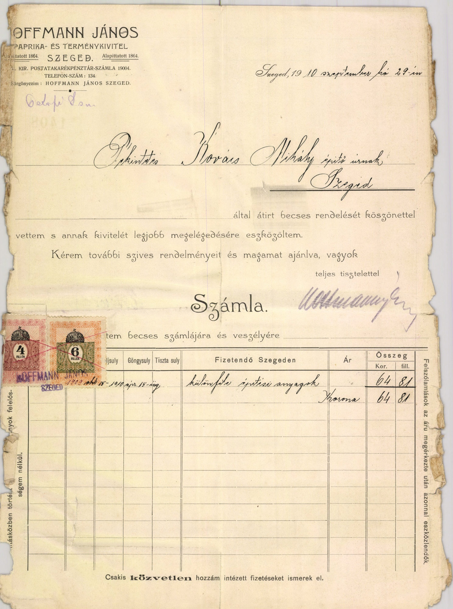 Hoffmann János paprika- és terménykivitel (Magyar Kereskedelmi és Vendéglátóipari Múzeum CC BY-NC-SA)