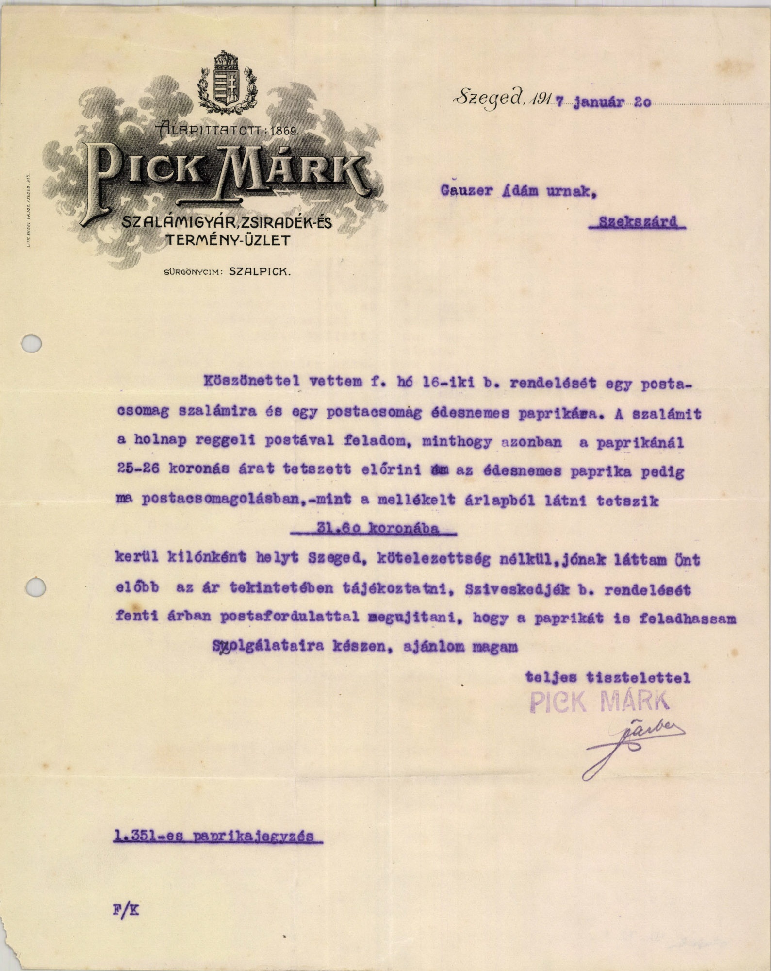 Pick Márk Szalámigyár, zsiradék- és termény-üzlet (Magyar Kereskedelmi és Vendéglátóipari Múzeum CC BY-NC-SA)