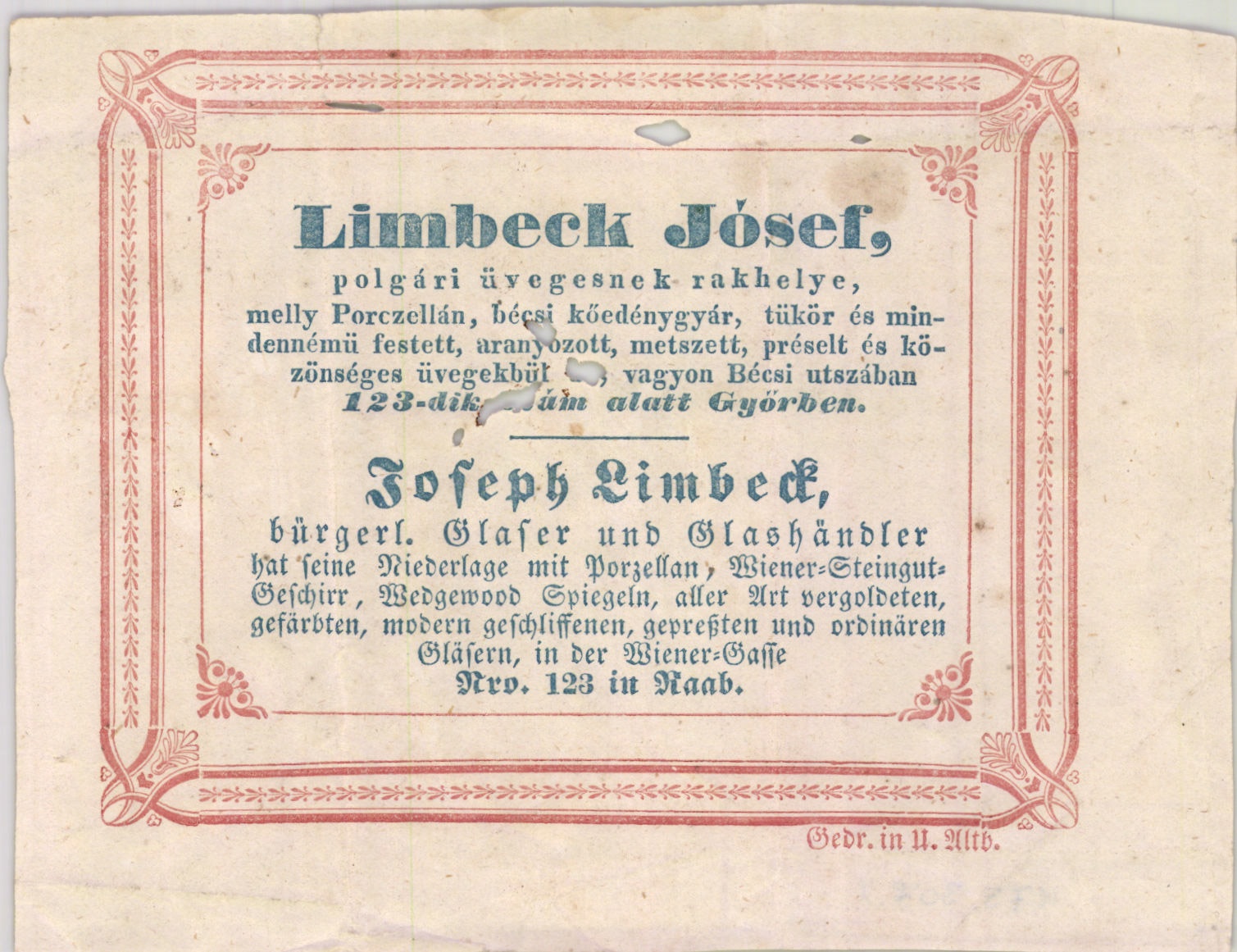 Limbeck József fejléc (Magyar Kereskedelmi és Vendéglátóipari Múzeum CC BY-NC-SA)