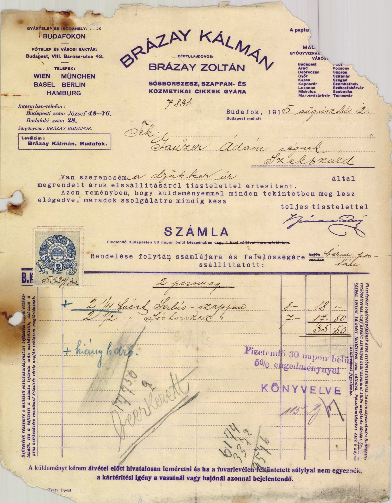 Brázay Kálmán sósborszesz, szappan- és kozmetikai cikkek gyára (Magyar Kereskedelmi és Vendéglátóipari Múzeum CC BY-NC-SA)