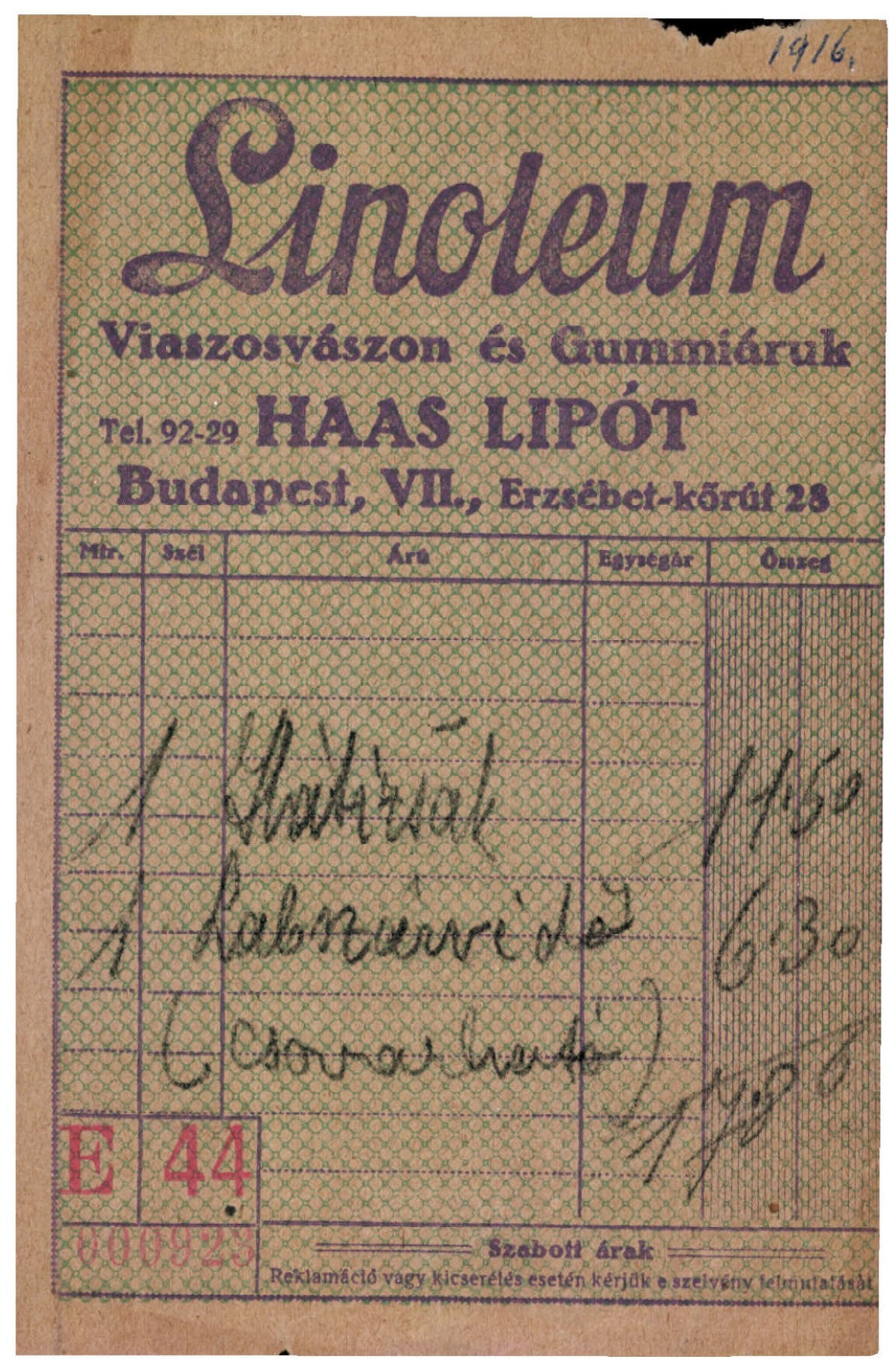 Haas Lipót, Linoleum viaszosvászon és gummiáruk (Magyar Kereskedelmi és Vendéglátóipari Múzeum CC BY-NC-SA)