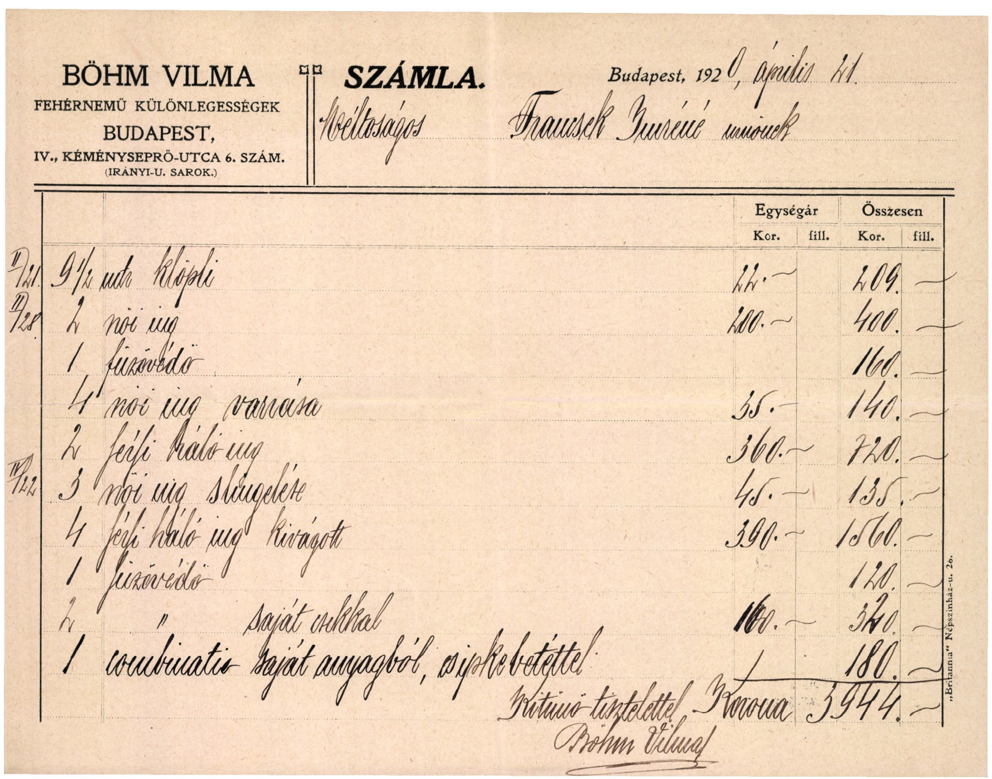 Böhm Vilma, fehérnemű különlegességek (Magyar Kereskedelmi és Vendéglátóipari Múzeum CC BY-NC-SA)