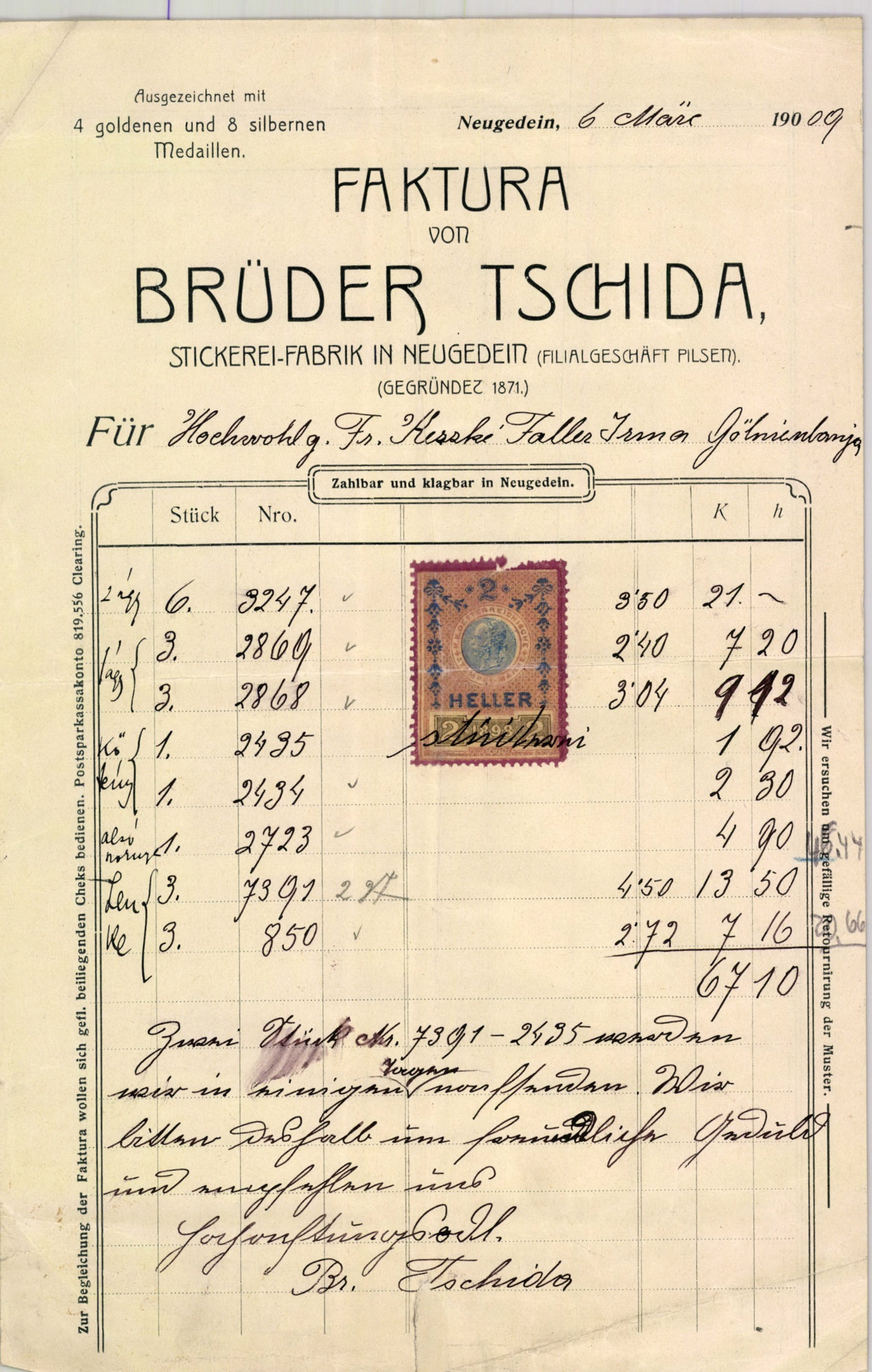 Faktura von Brüder Tschida, Stickerei-Fabrik in Neugedein (Magyar Kereskedelmi és Vendéglátóipari Múzeum CC BY-NC-SA)