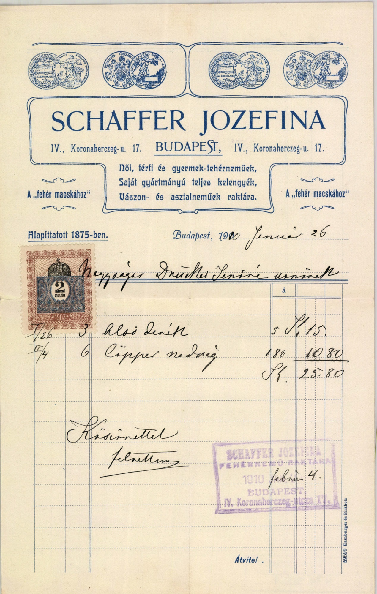 Schaffer Jozefina női, férfi és gyermek fehérneműek. Saját gyártmányú teljes kelengyék. Vászon- és asztalneműek raktára (Magyar Kereskedelmi és Vendéglátóipari Múzeum CC BY-NC-SA)