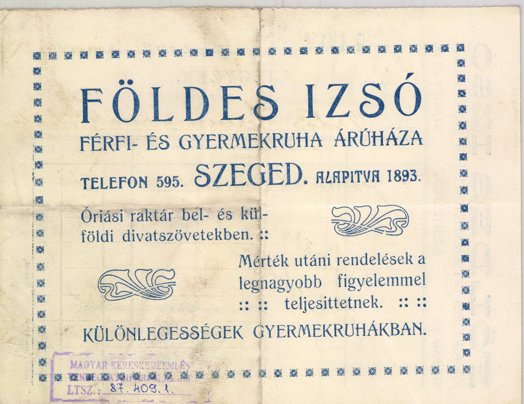 Földes Izsó férfi- és gyermekruha árúháza (Magyar Kereskedelmi és Vendéglátóipari Múzeum CC BY-NC-SA)
