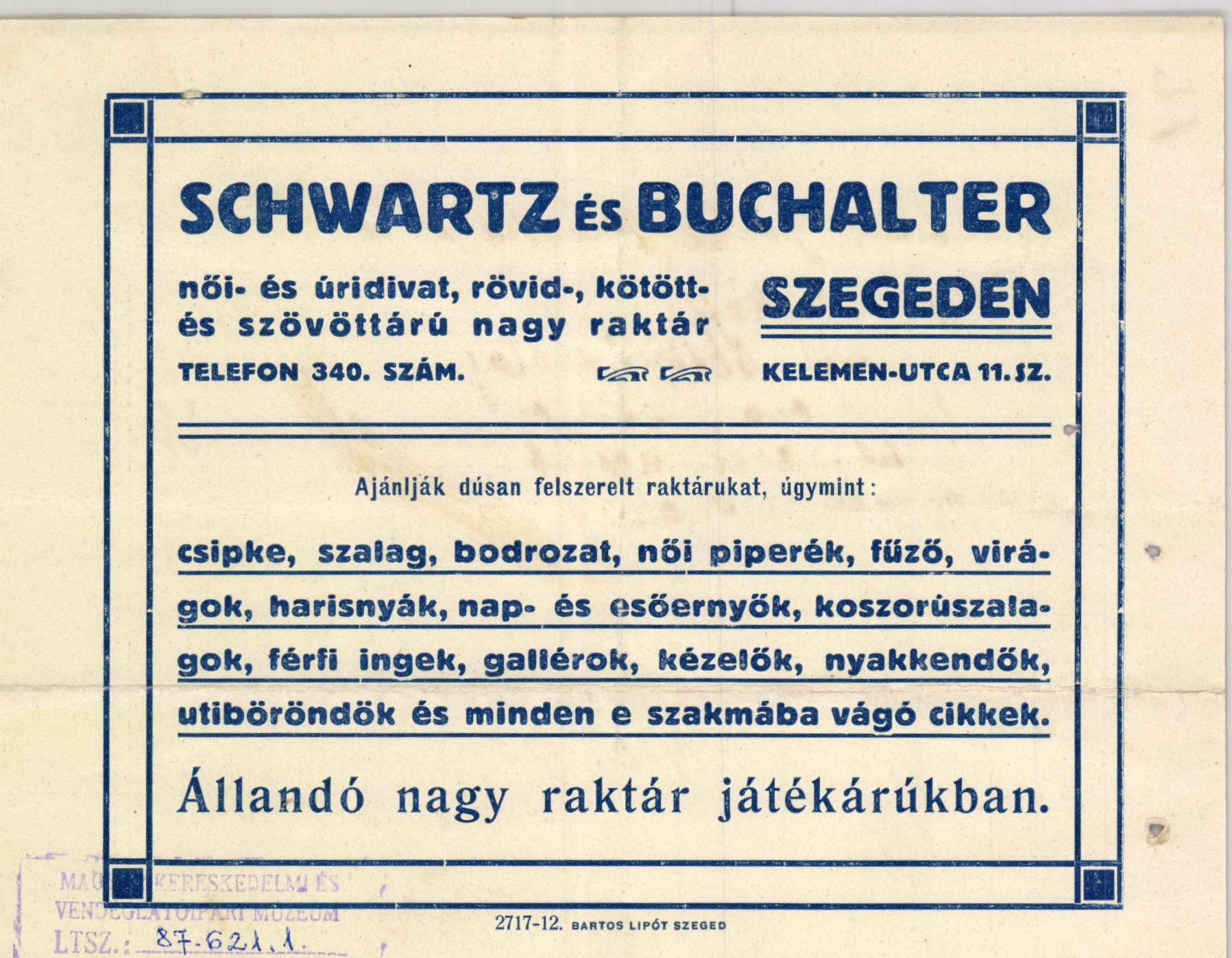 Schwartz és Buchalter női- és úridivat, rövid-, kötött- és szövöttárú nagy raktár (Magyar Kereskedelmi és Vendéglátóipari Múzeum CC BY-NC-SA)