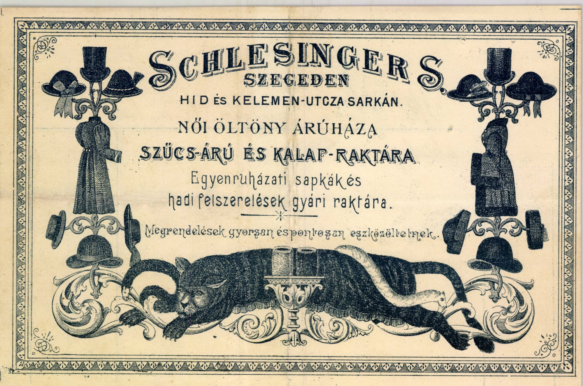 Schlesinger S. női öltöny árúháza, szűcs-árú és kalap-raktára (Magyar Kereskedelmi és Vendéglátóipari Múzeum CC BY-NC-SA)