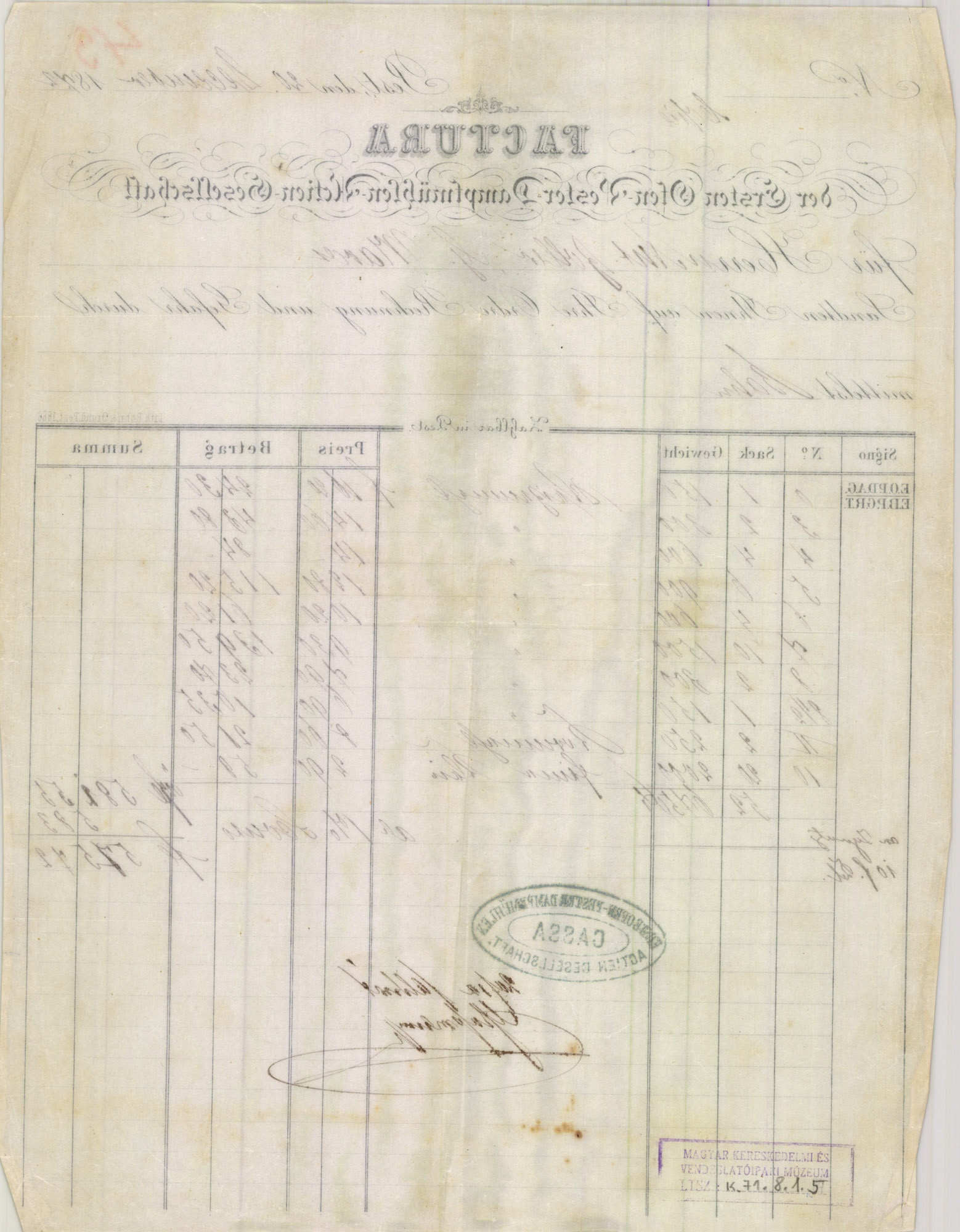 Pest-Budai Gőzmalmok számla (Magyar Kereskedelmi és Vendéglátóipari Múzeum CC BY-NC-SA)