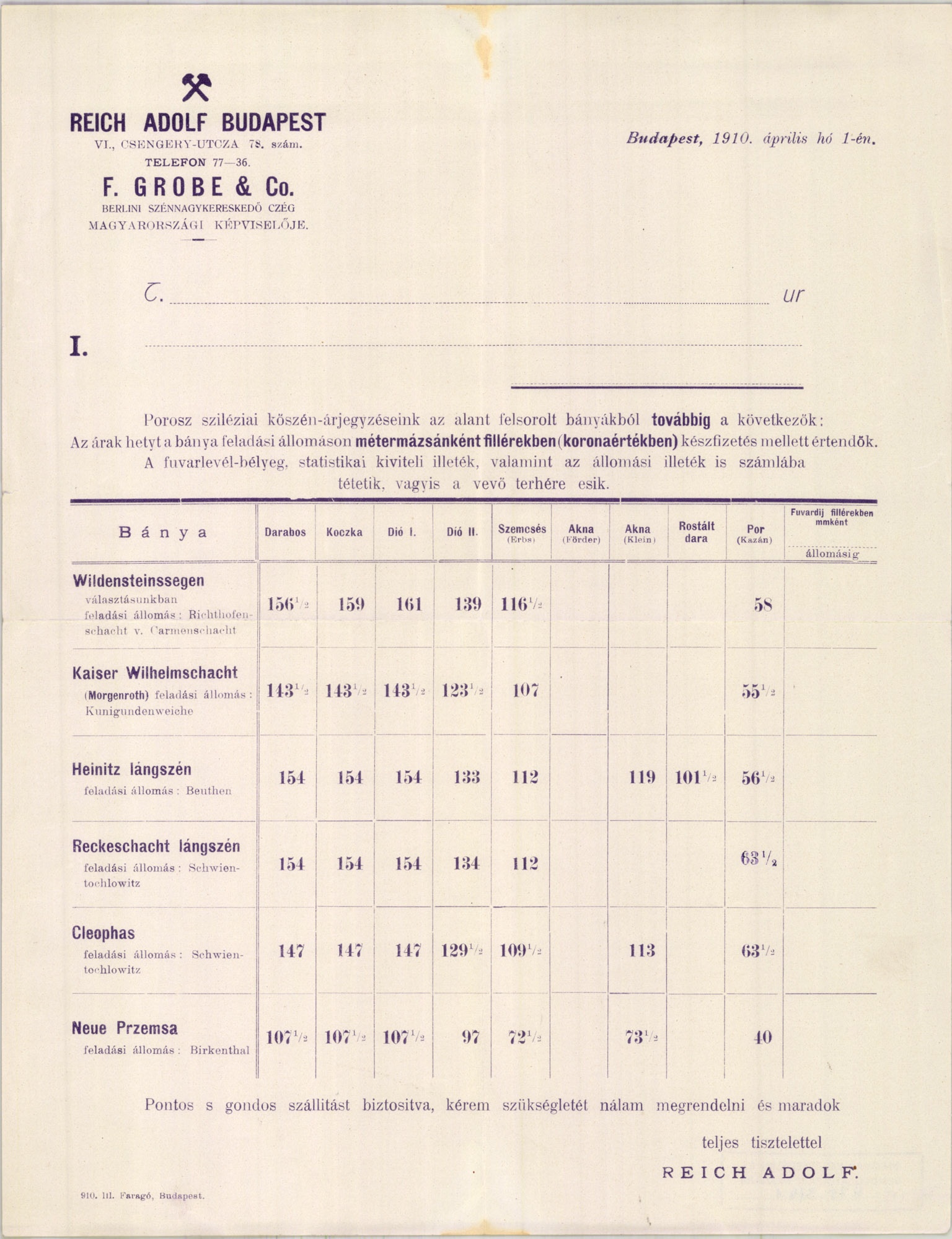 Reich Adolf F. Grobe & Co. berlini szén-nagykereskedő cég magyarországi képviselője (Magyar Kereskedelmi és Vendéglátóipari Múzeum CC BY-NC-SA)