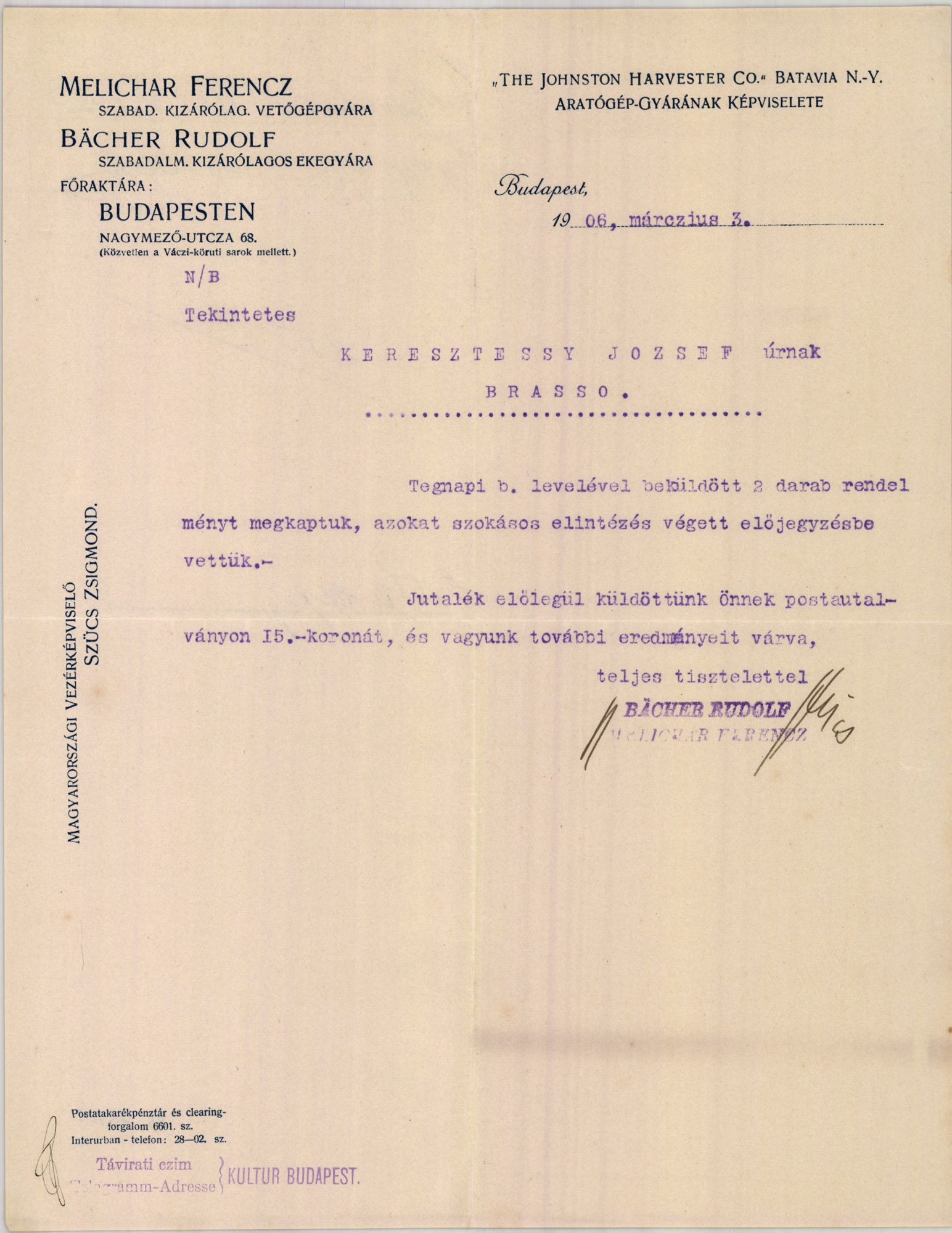 Melichár Ferencz szab. kizárólagos Vetőgépgyára, Bächer Rudolf szabad. kizárólagos Ekegyára főraktára (Magyar Kereskedelmi és Vendéglátóipari Múzeum CC BY-NC-SA)