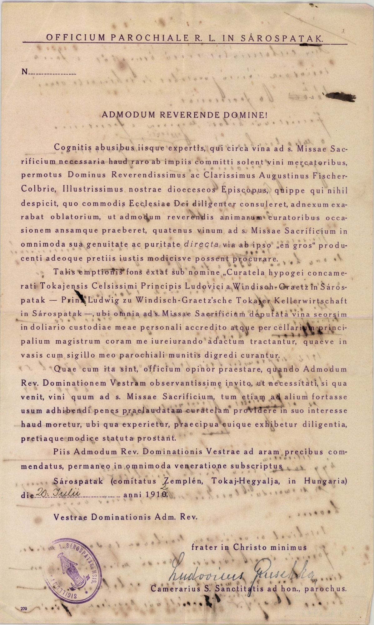 Officium Parochiale R. L. in Sárospatak (Magyar Kereskedelmi és Vendéglátóipari Múzeum CC BY-NC-SA)