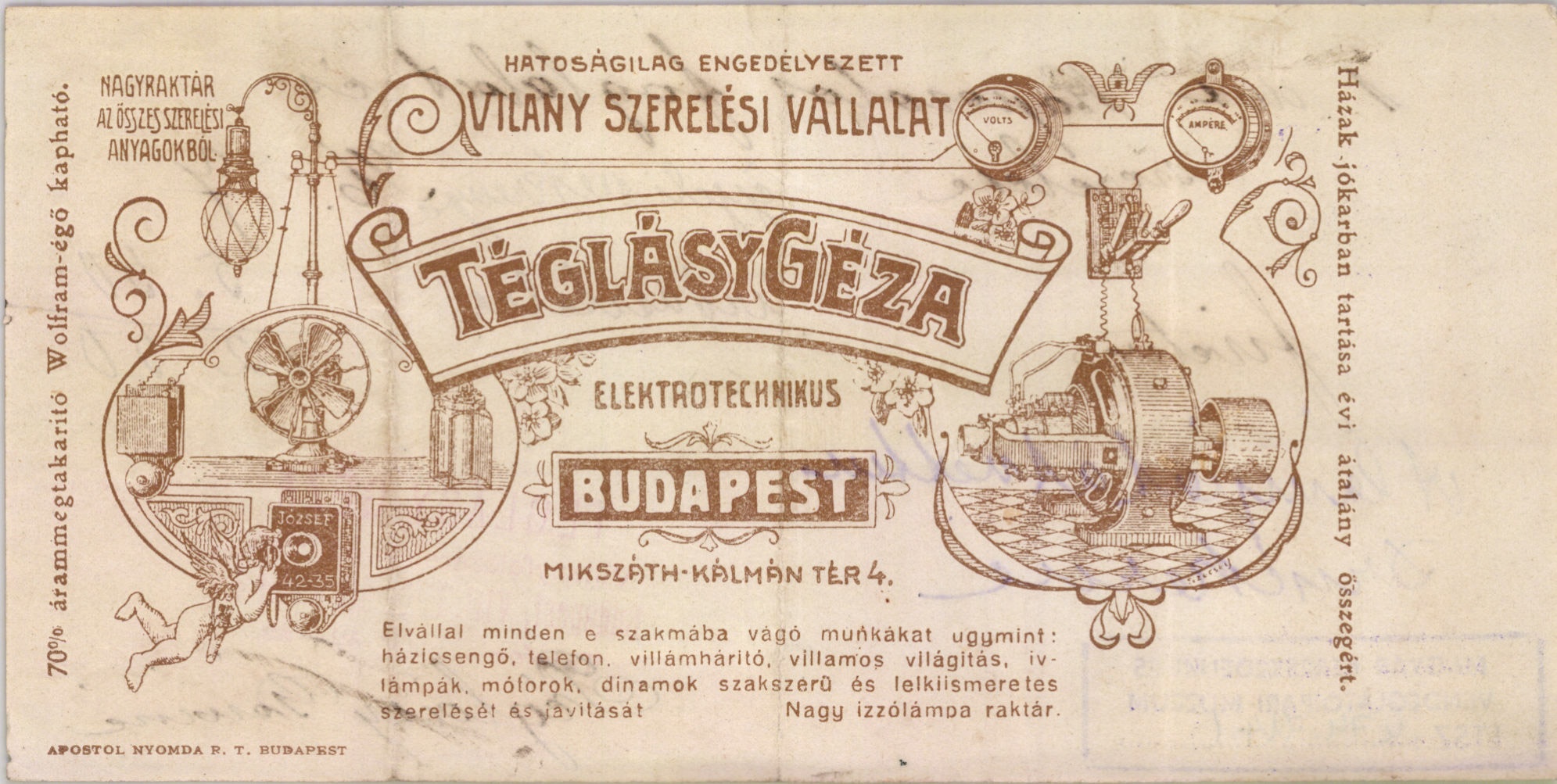 Téglásy Géza elektrotechnikus villanyszerelési vállalata (Magyar Kereskedelmi és Vendéglátóipari Múzeum CC BY-NC-SA)