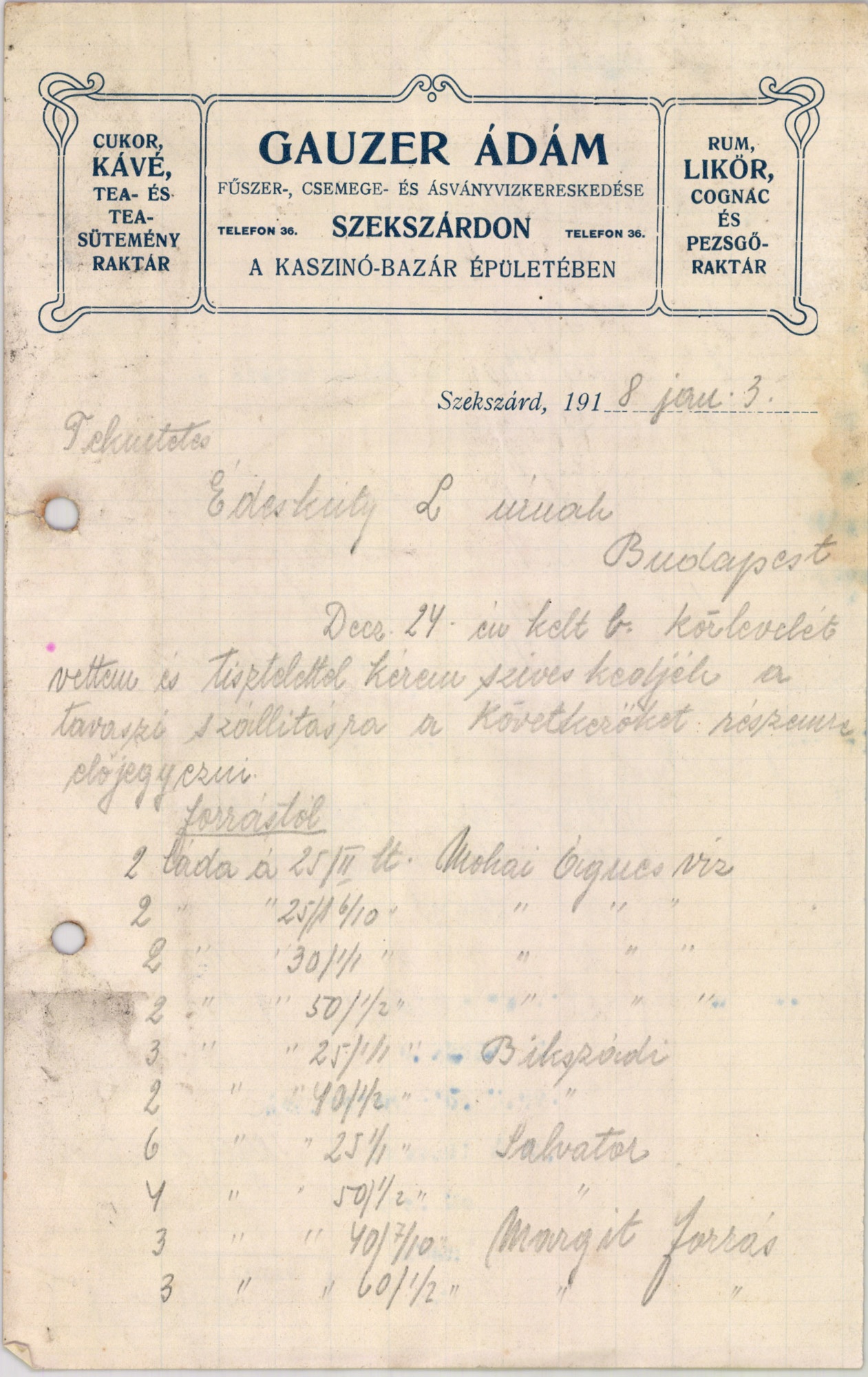 Gauzer Ádám fűszer-, csemege- és ásványvizkereskedése (Magyar Kereskedelmi és Vendéglátóipari Múzeum CC BY-NC-SA)