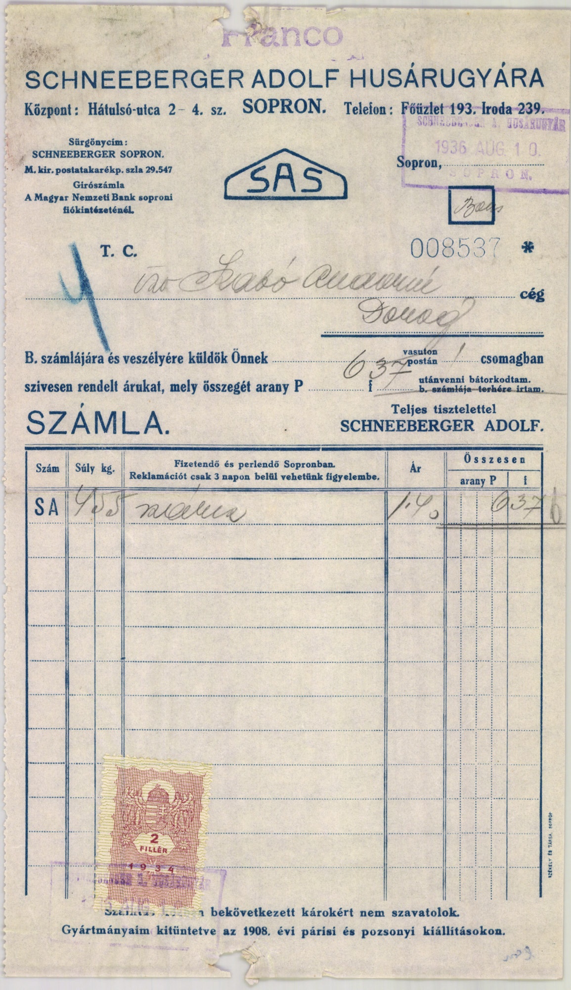 Schneeberger Adolf Husárugyára (Magyar Kereskedelmi és Vendéglátóipari Múzeum CC BY-NC-SA)