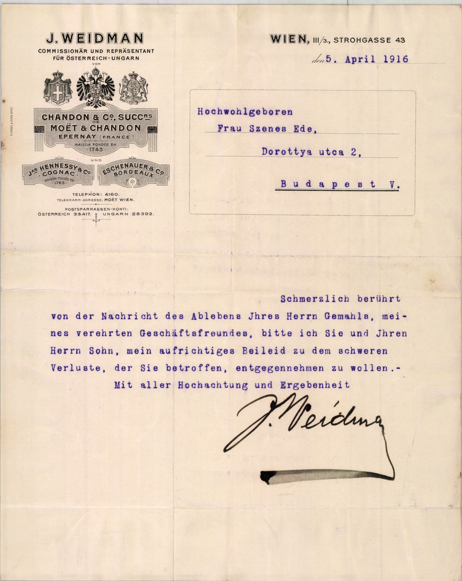 J. Weidman Comissionär und Repräsentant für Österreich-Ungarn (Magyar Kereskedelmi és Vendéglátóipari Múzeum CC BY-NC-SA)
