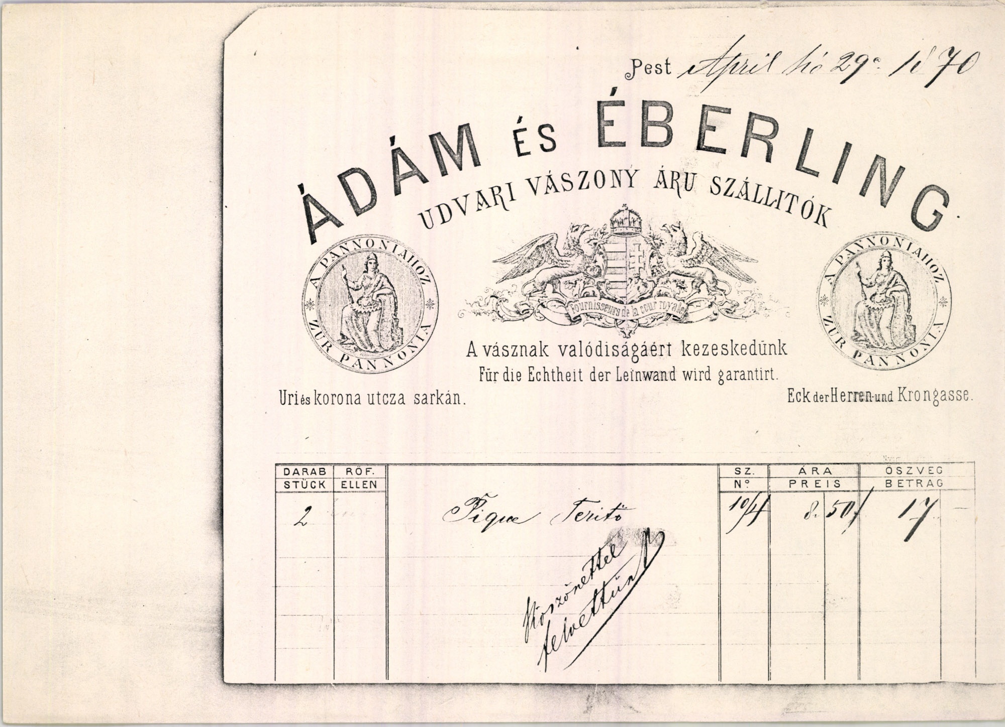 Ádám és Éberling számla (Magyar Kereskedelmi és Vendéglátóipari Múzeum CC BY-NC-SA)