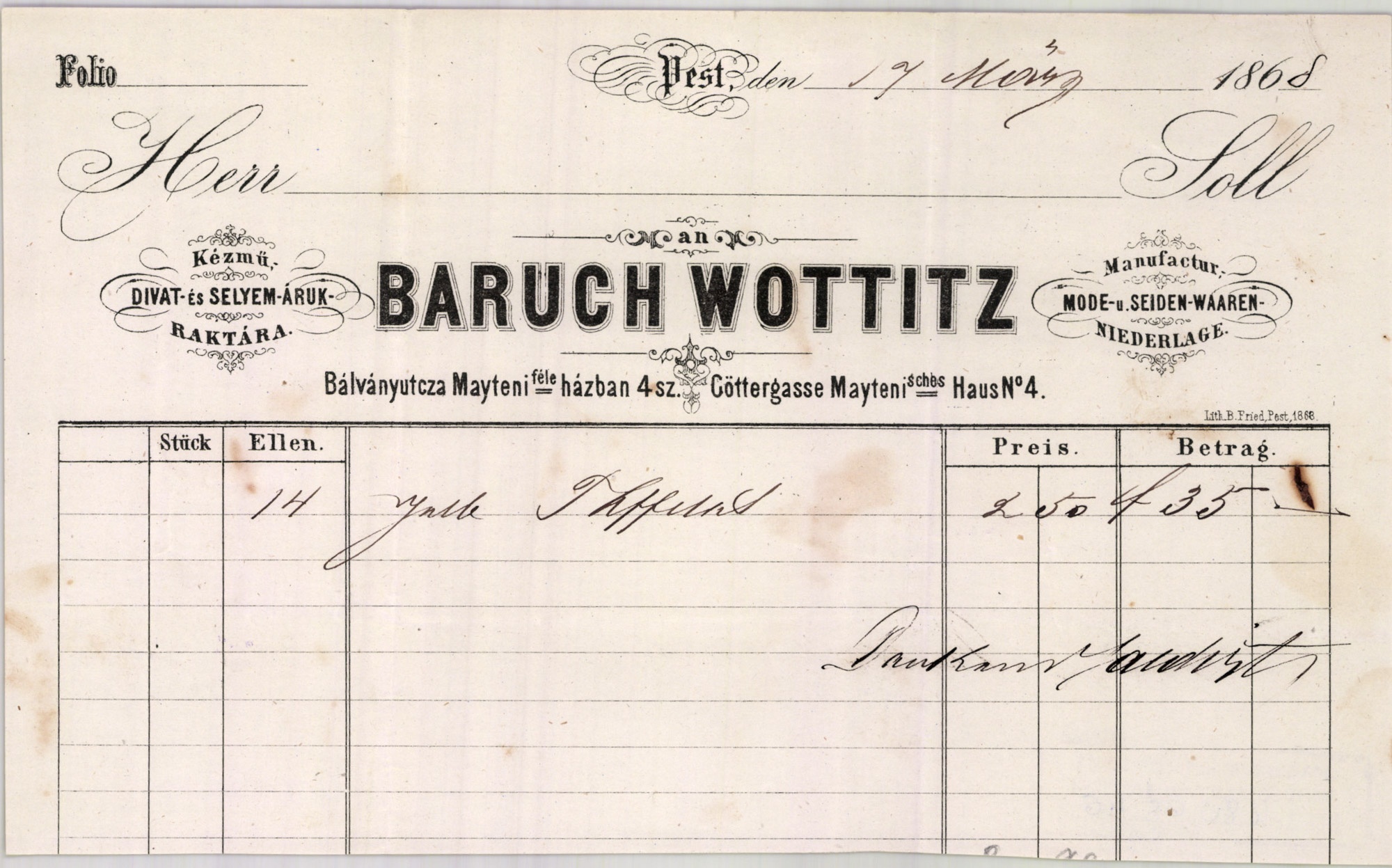 Baruch Wottitz számla (Magyar Kereskedelmi és Vendéglátóipari Múzeum CC BY-NC-SA)