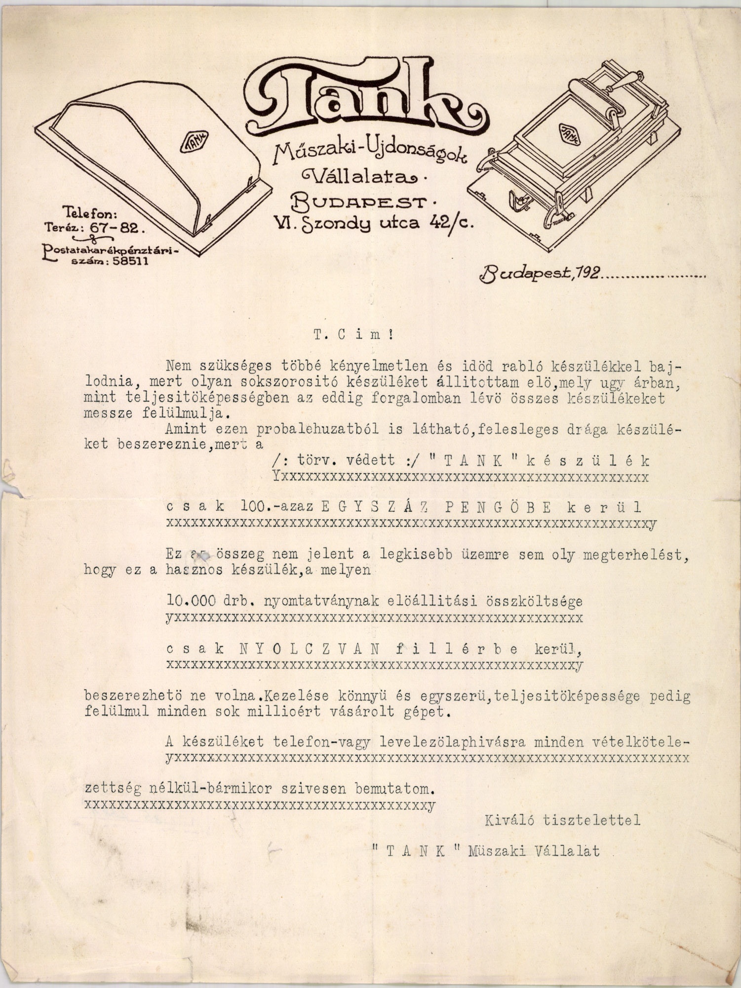 Tank Műszaki újdonságok vállalata (Magyar Kereskedelmi és Vendéglátóipari Múzeum CC BY-NC-SA)