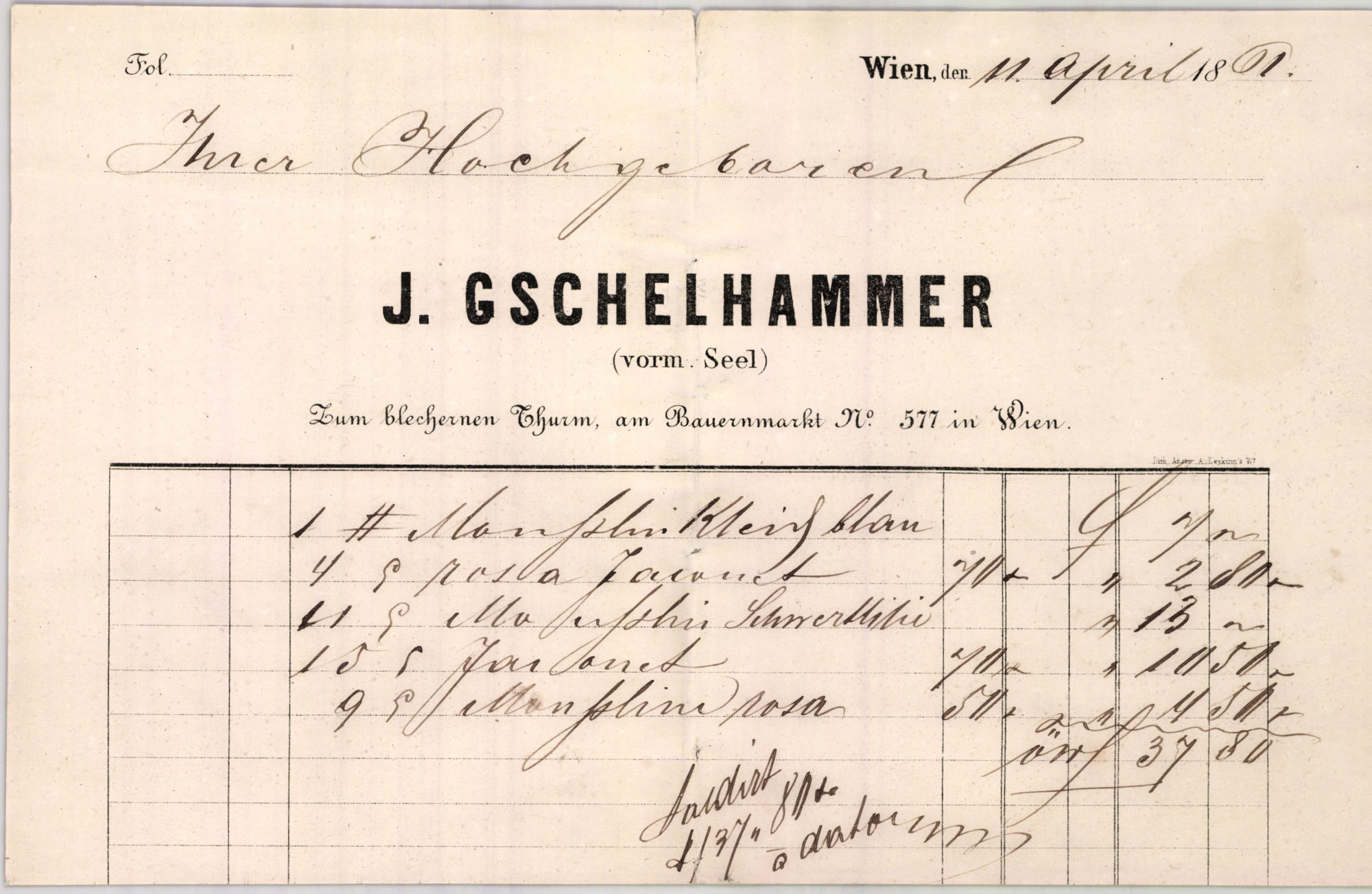 Gschelhammer J. számla (Magyar Kereskedelmi és Vendéglátóipari Múzeum CC BY-NC-SA)
