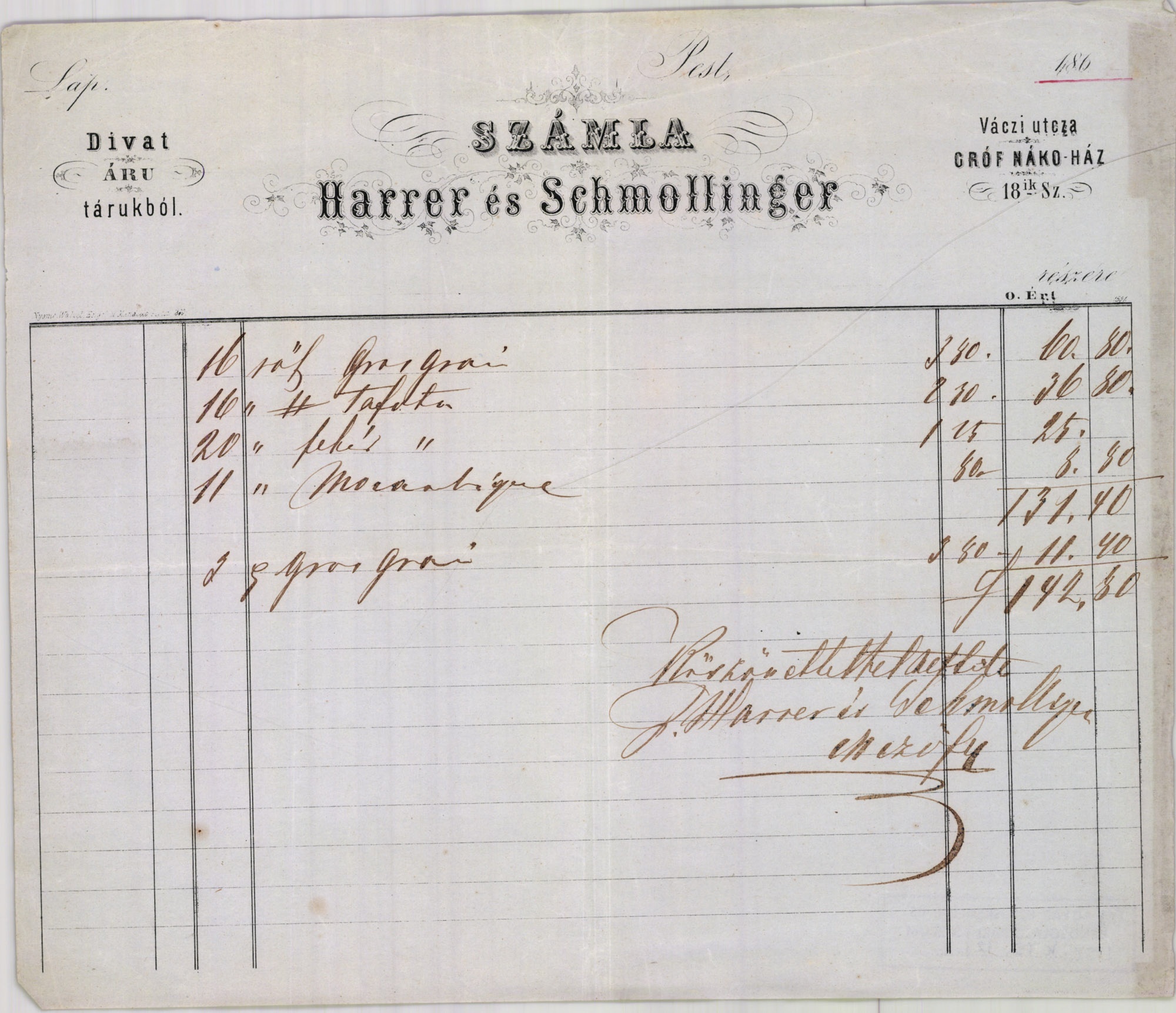 Harrer és Schmollinger számla (Magyar Kereskedelmi és Vendéglátóipari Múzeum CC BY-NC-SA)