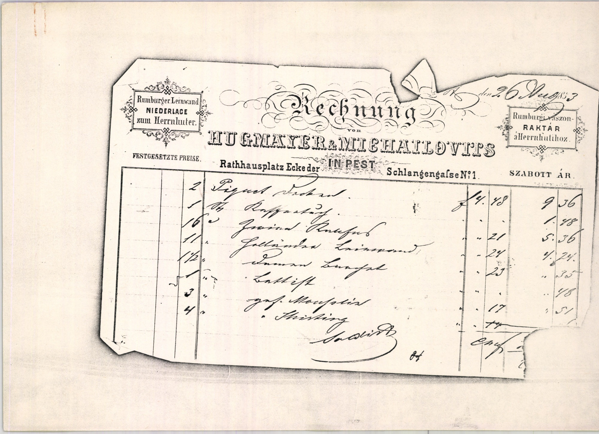 Hugmayer és Michailovits számla (Magyar Kereskedelmi és Vendéglátóipari Múzeum CC BY-NC-SA)