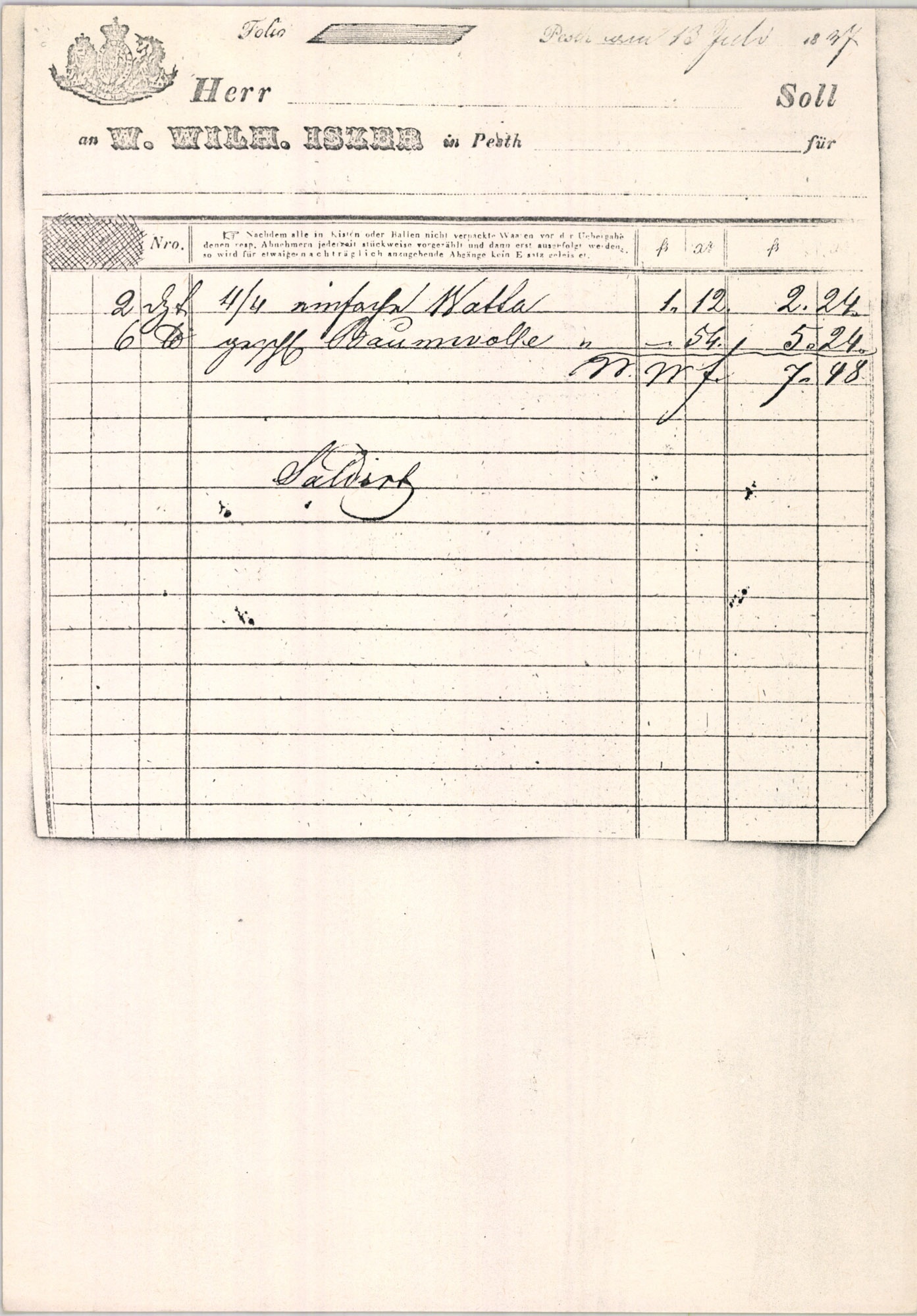 Iszer W. Vilmos számla (Magyar Kereskedelmi és Vendéglátóipari Múzeum CC BY-NC-SA)