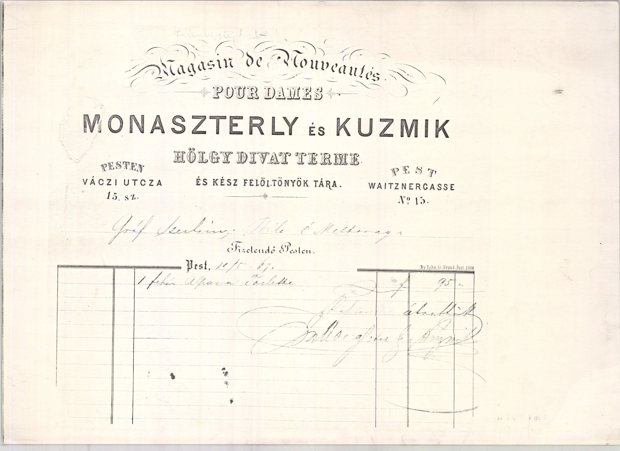 Monaszterly és Kuzmik számla (Magyar Kereskedelmi és Vendéglátóipari Múzeum CC BY-NC-SA)