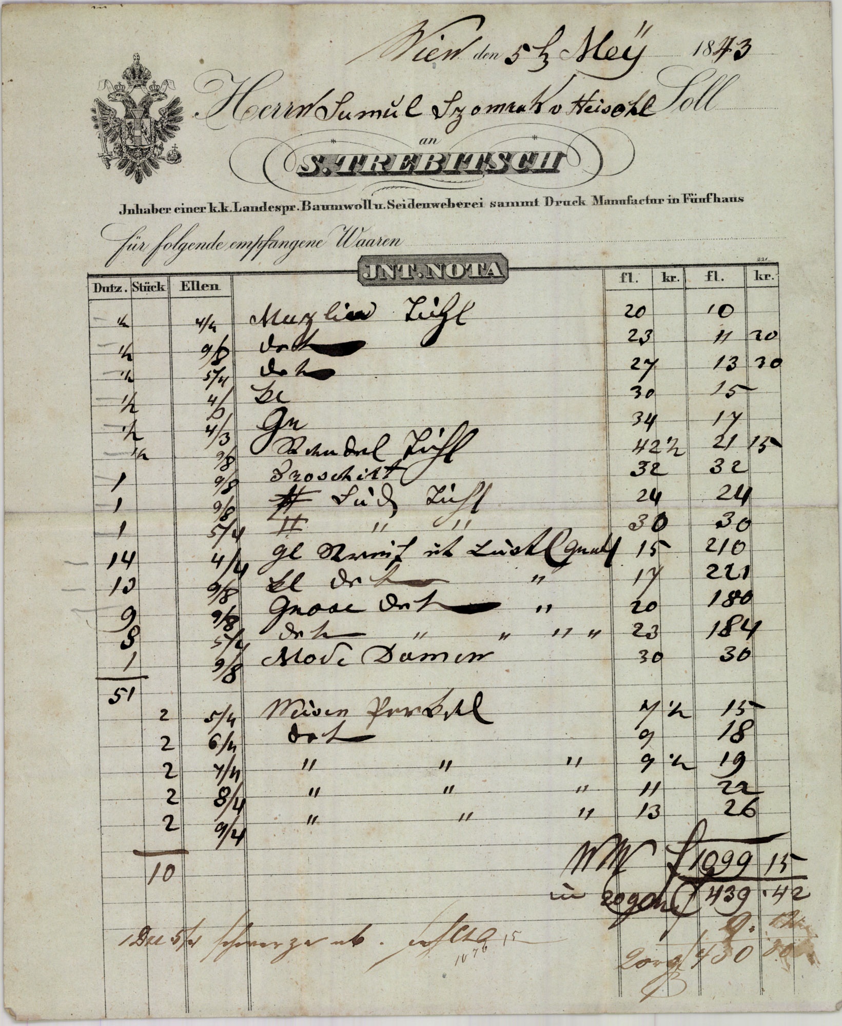S. Strebitsch számla (Magyar Kereskedelmi és Vendéglátóipari Múzeum CC BY-NC-SA)
