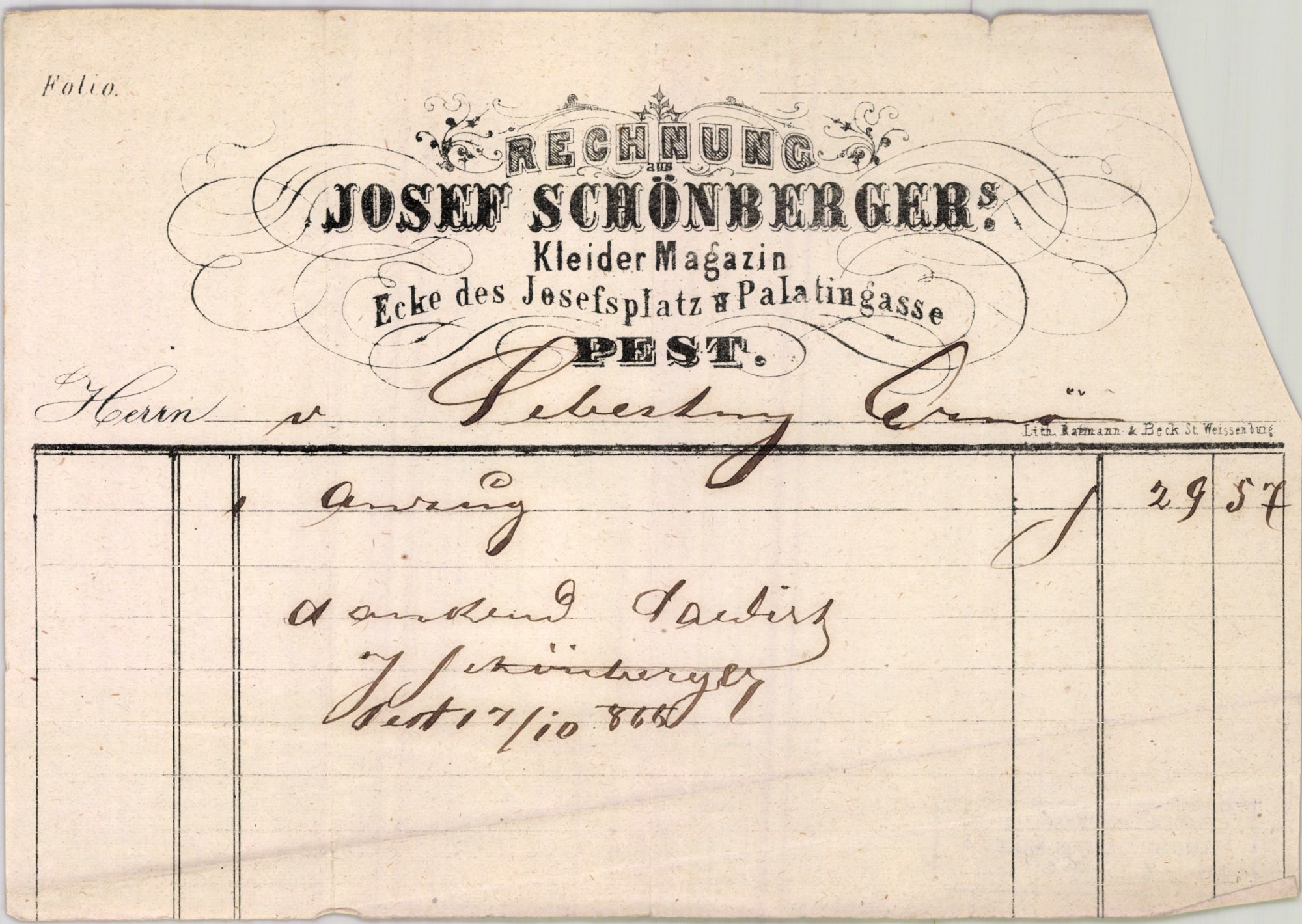 Schönberger József számla (Magyar Kereskedelmi és Vendéglátóipari Múzeum CC BY-NC-SA)