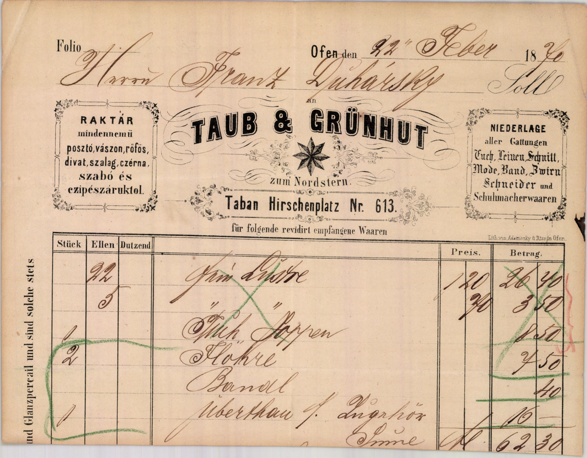 Taub & Grünhut számla (Magyar Kereskedelmi és Vendéglátóipari Múzeum CC BY-NC-SA)