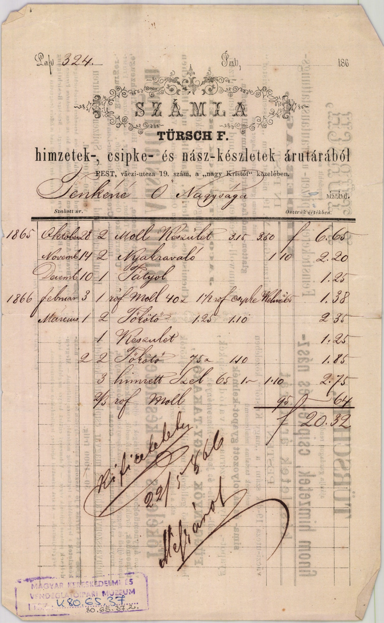 Türsch F. számla (Magyar Kereskedelmi és Vendéglátóipari Múzeum CC BY-NC-SA)