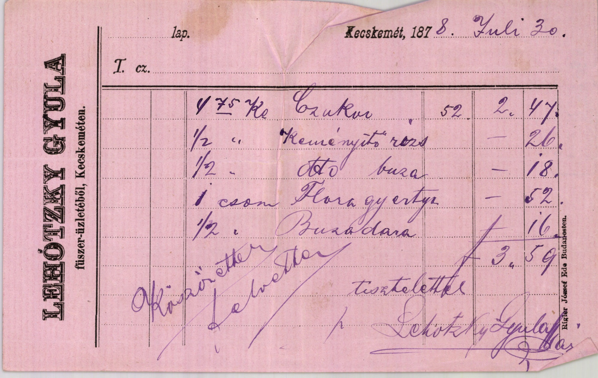 Lehótzky Gyula számla (Magyar Kereskedelmi és Vendéglátóipari Múzeum CC BY-NC-SA)