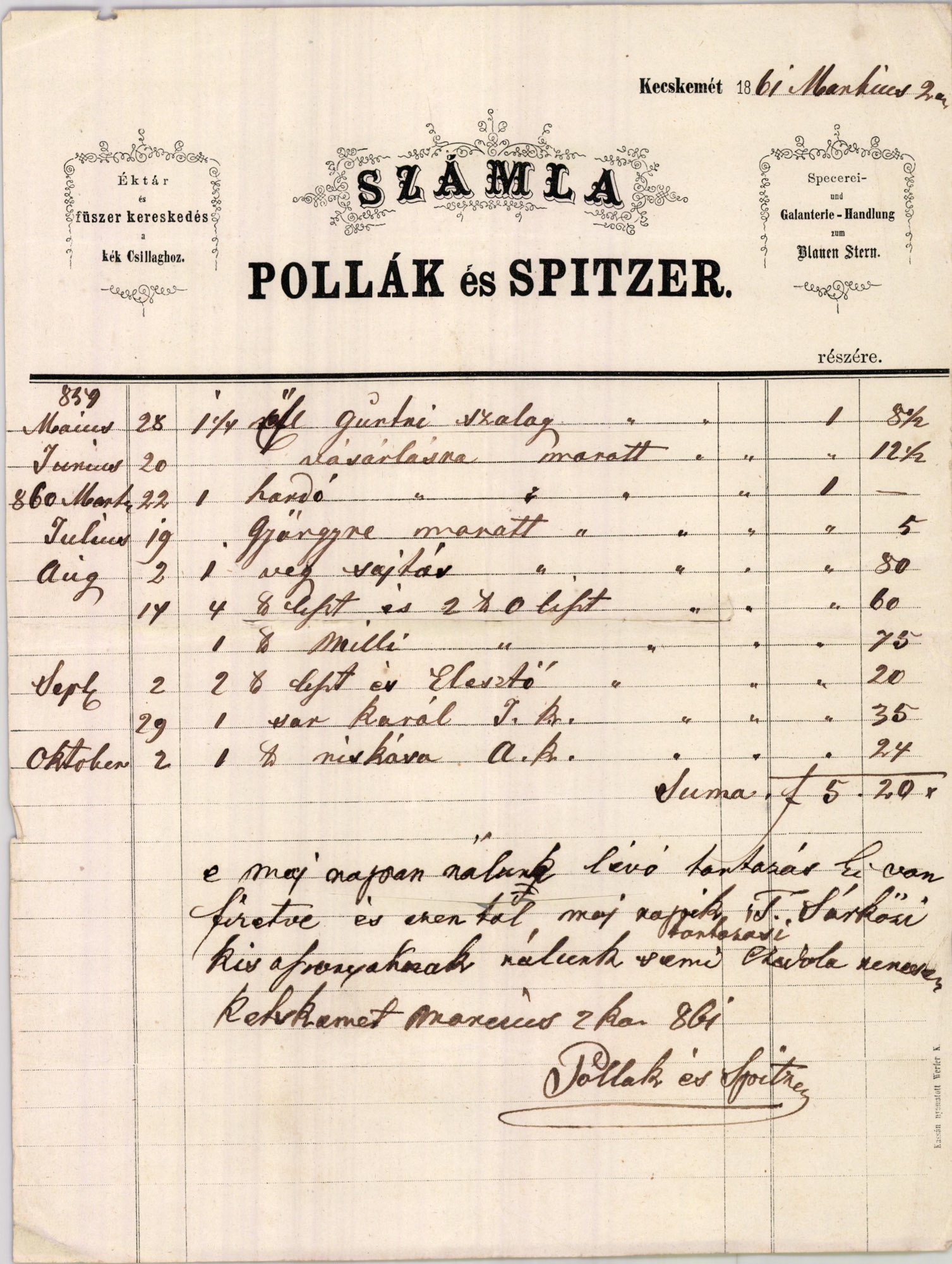 Pollák és Spitzer számla (Magyar Kereskedelmi és Vendéglátóipari Múzeum CC BY-NC-SA)