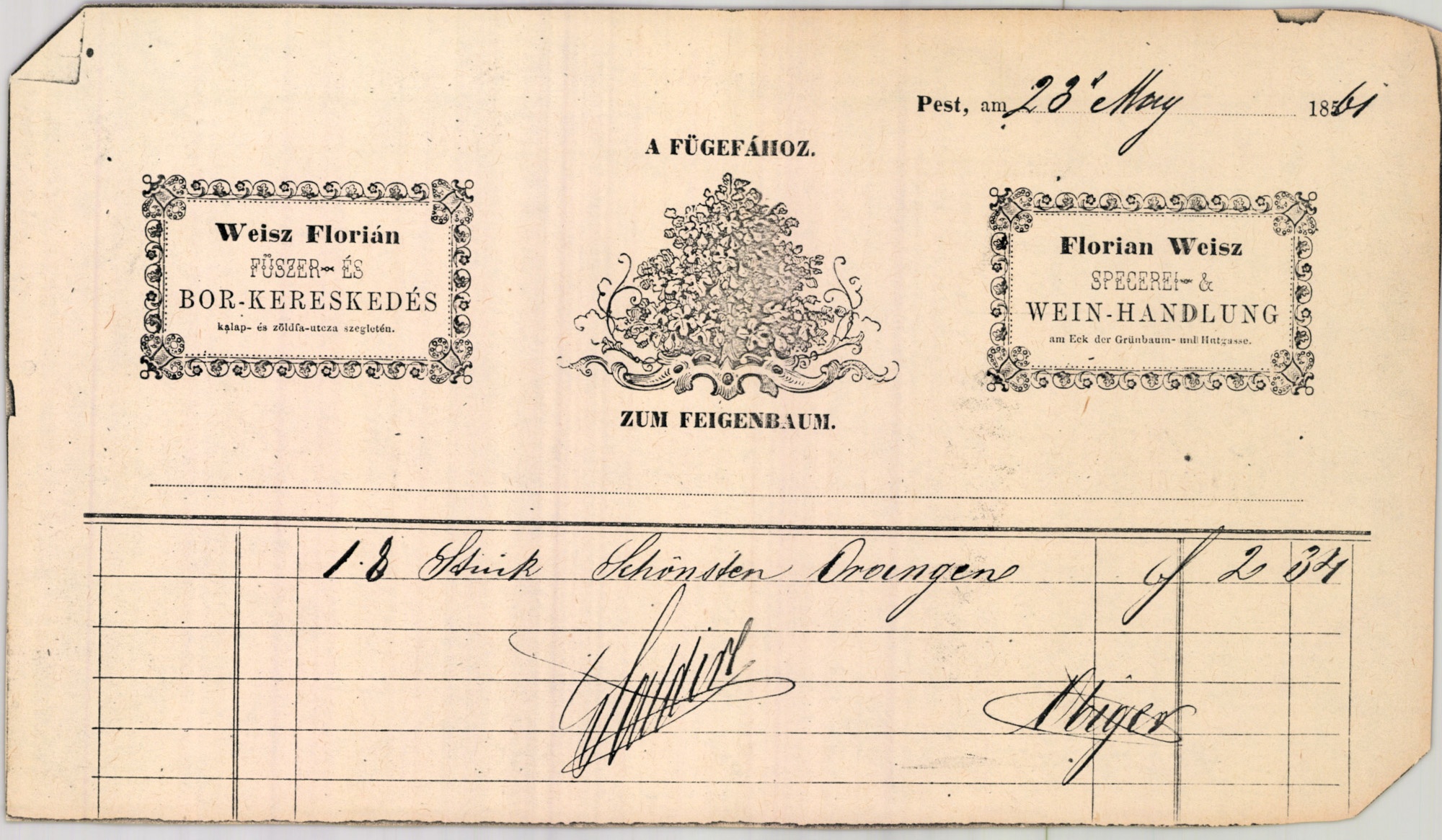 Weisz Flórián számla (Magyar Kereskedelmi és Vendéglátóipari Múzeum CC BY-NC-SA)