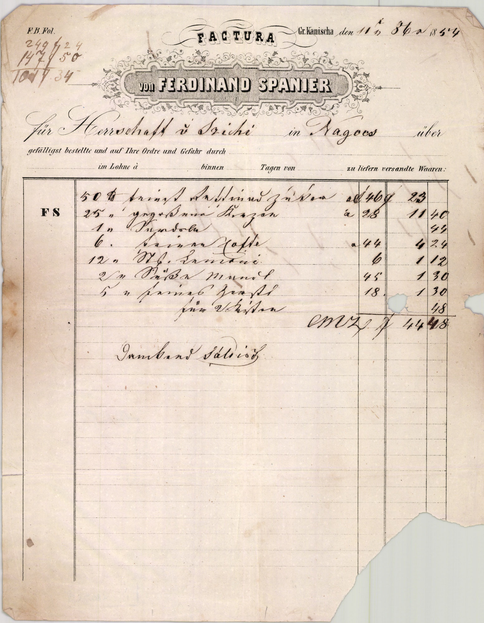 Spanier Ferdinánd számla (Magyar Kereskedelmi és Vendéglátóipari Múzeum CC BY-NC-SA)