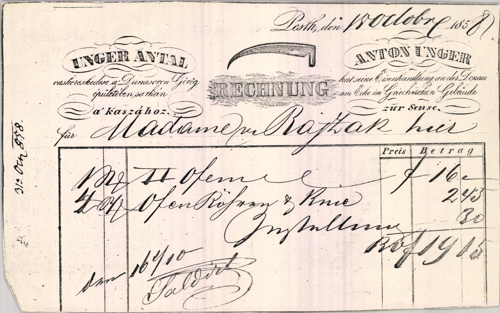 Unger Antal számla (Magyar Kereskedelmi és Vendéglátóipari Múzeum CC BY-NC-SA)